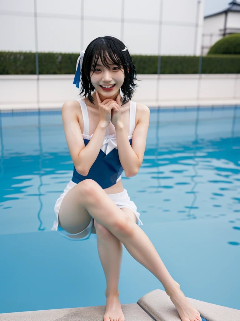 8k, japanese, junior High School girl,1 person, age 15, Sailor Mercury, A cosplay that is heavy wet and transparent,Wet blue short hair, Wet arms,Wet legs,Wet Face, pose, Highest quality, wet poolside, smile