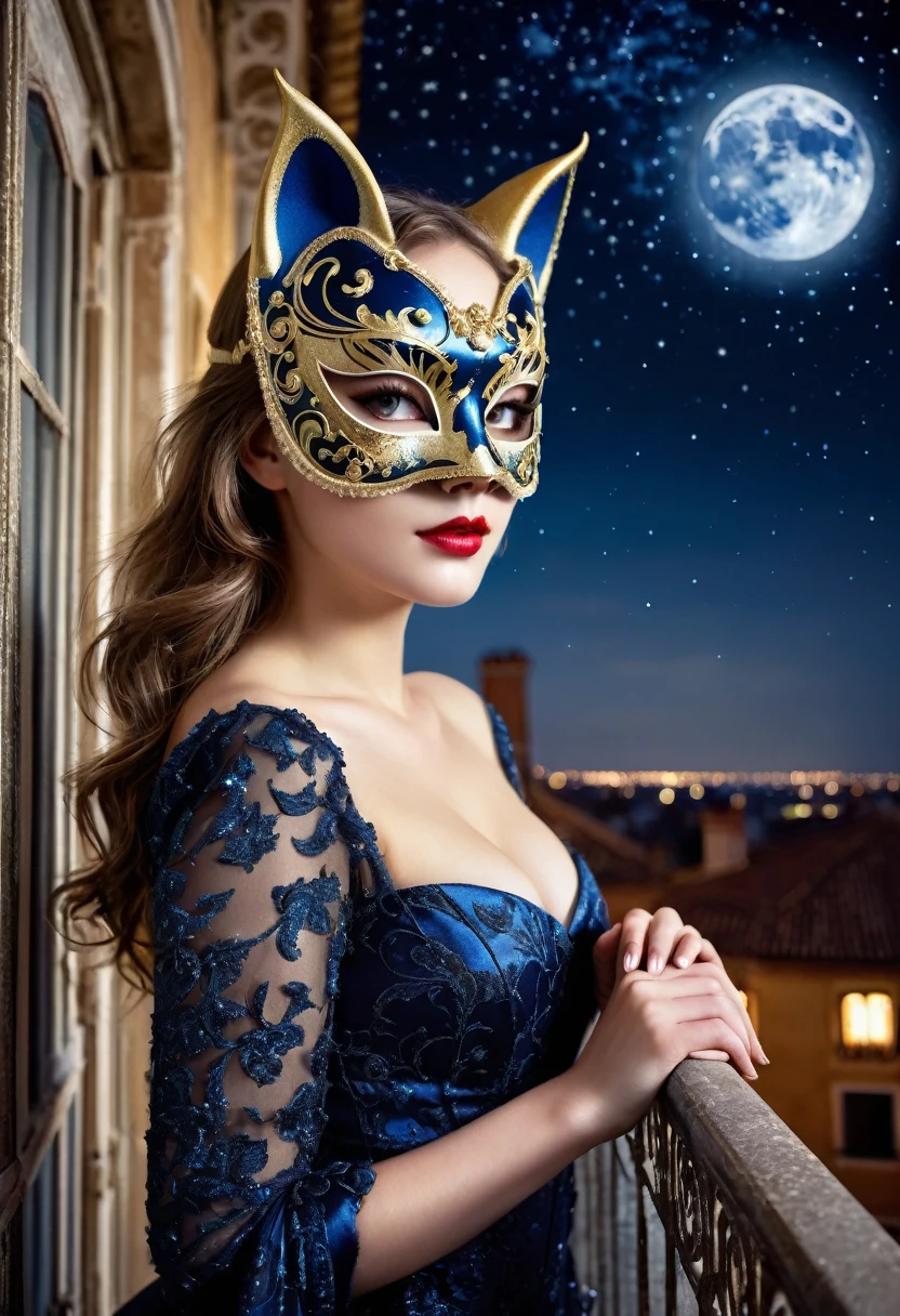 Moonlit Masquerade: A stunning girl in an ornate Venetian-style cat mask, standing on a balcony overlooking a starry night sky
