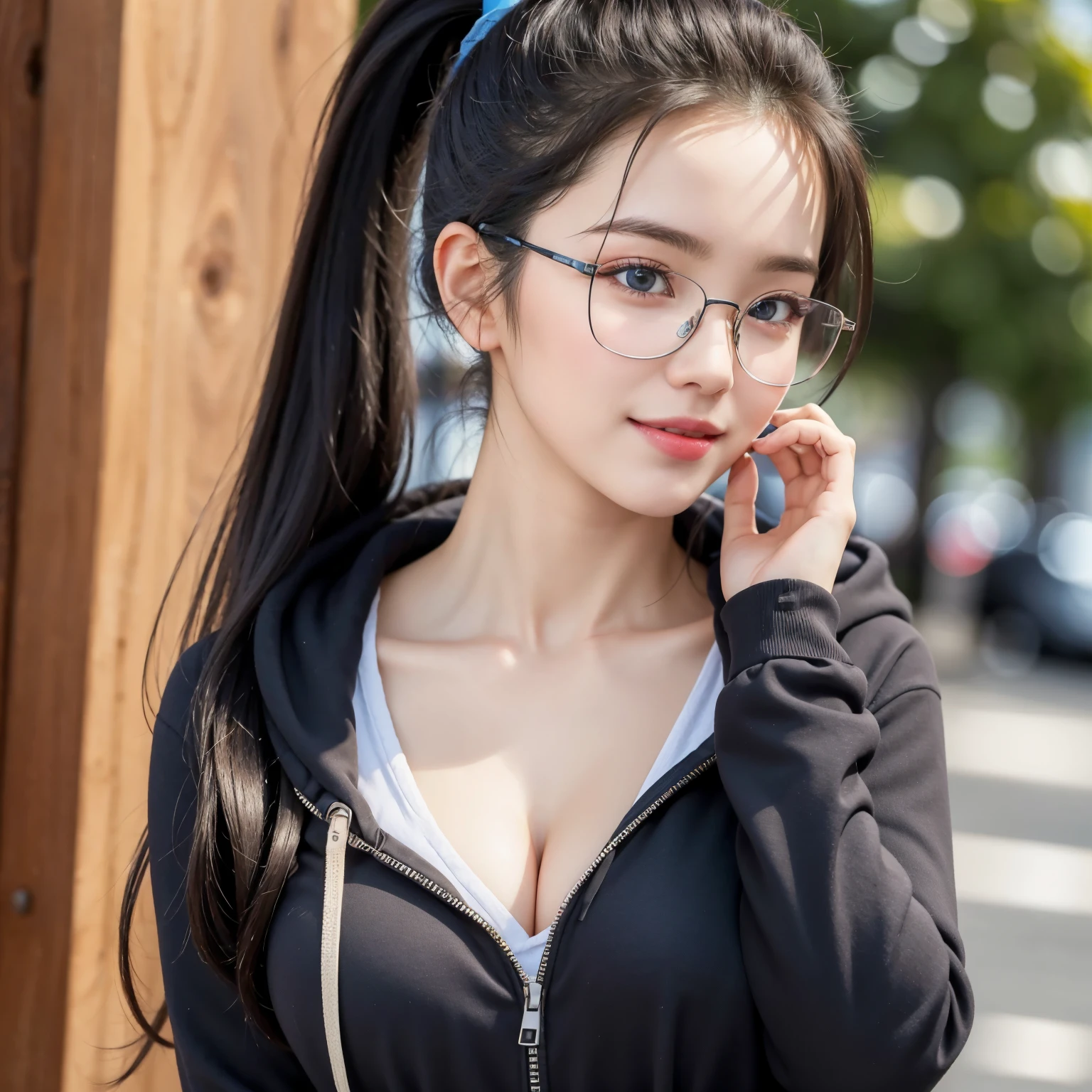 (Best quality, masterpiece, detailed), (RAW, 4k, hd images), 1 girl, , white skin, long hair, ponytail, layers hair, bangs, black hair, beautiful girl, cute girl, sweet girl, pretty girl, perfect girl, perfect body, pretty eyes, blue eyes, thin lips, (eye line, lip soft), perfect round breast, glasses(detailed frame), simple background, smile, waist, hoodie open zipper, modeling pose, free style pose, random angle capture, cleavage, outdoors