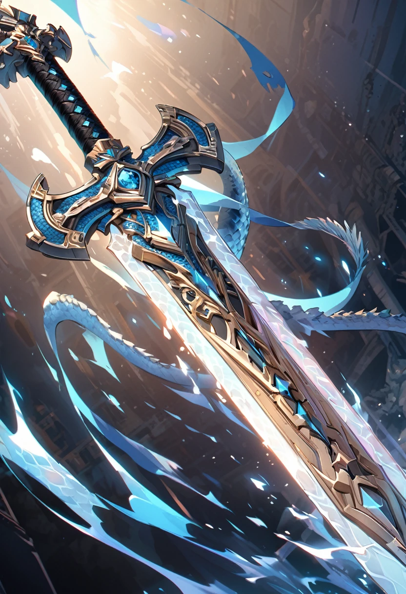 extremely detailed 2 handed sword made of light blue scales