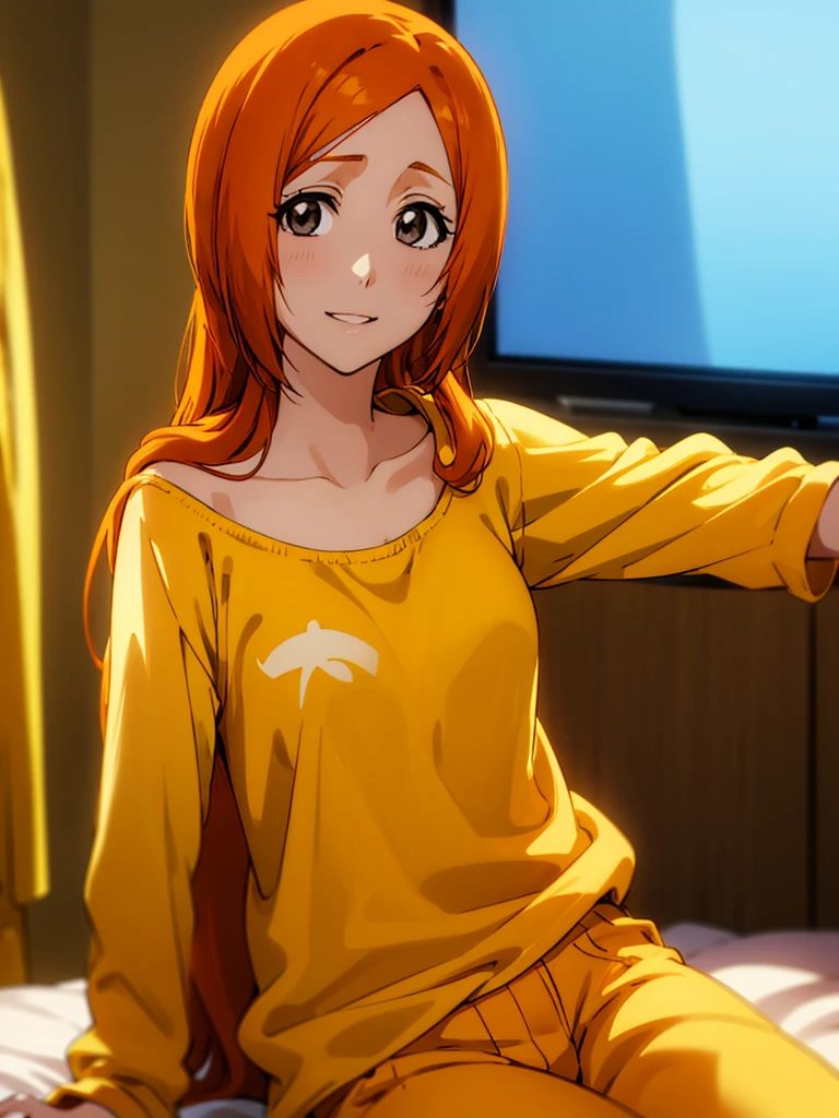 Orihime Inoue, 1girl, Single, Sitting on bed, Wearing yellow pajamas, Yellow shirt, Yellow pants, Hair between the eyes, long hair, Hair decoration, Looking at the viewer, Untidy hair, Orange hair, Single, Thighs, long hair, ((Masterpiece)), She smiles, dark room, tv in background