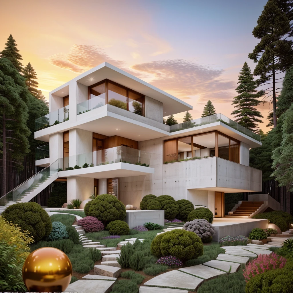 The MODERN HOUSE is located on the upper hill, (curly pathway in front of the house), white wall, concrete, glass windows, wood ceilings, ((big front yard)), court outside, rocky, pine forest, ((SUNSET))