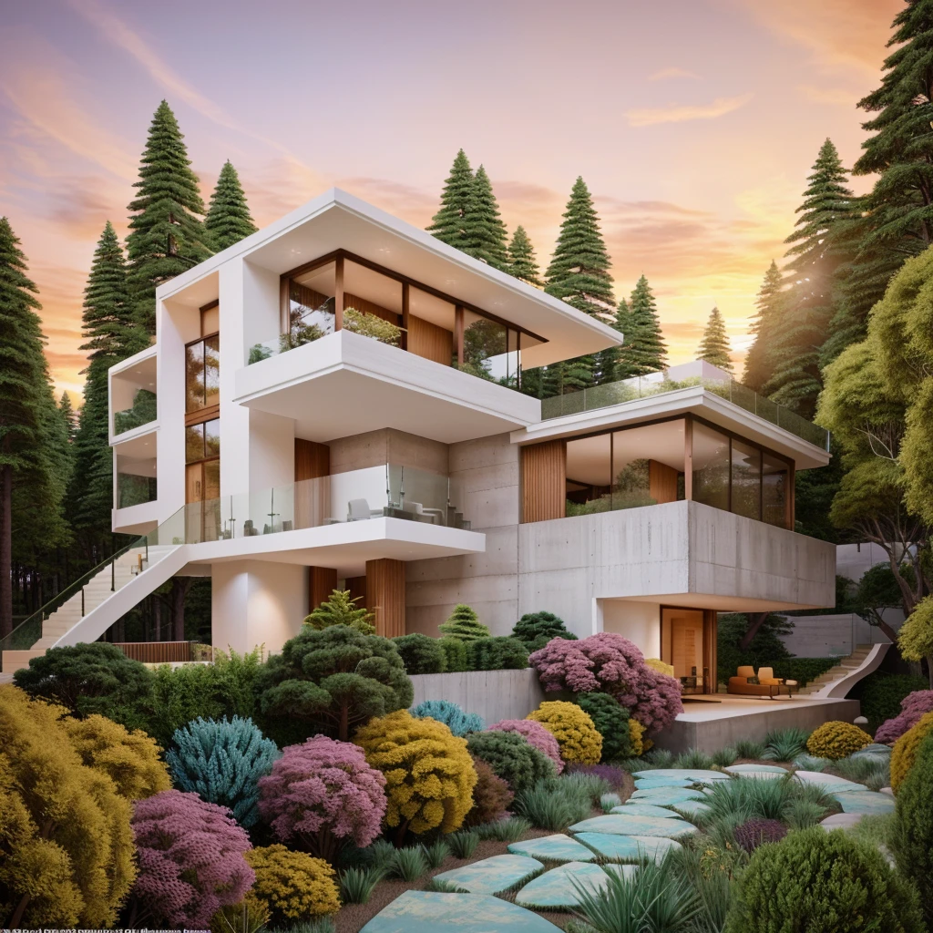 The MODERN HOUSE is located on the upper hill, (curly pathway in front of the house), white wall, concrete, glass windows, wood ceilings, ((big front yard)), court outside, rocky, pine forest, ((SUNSET))