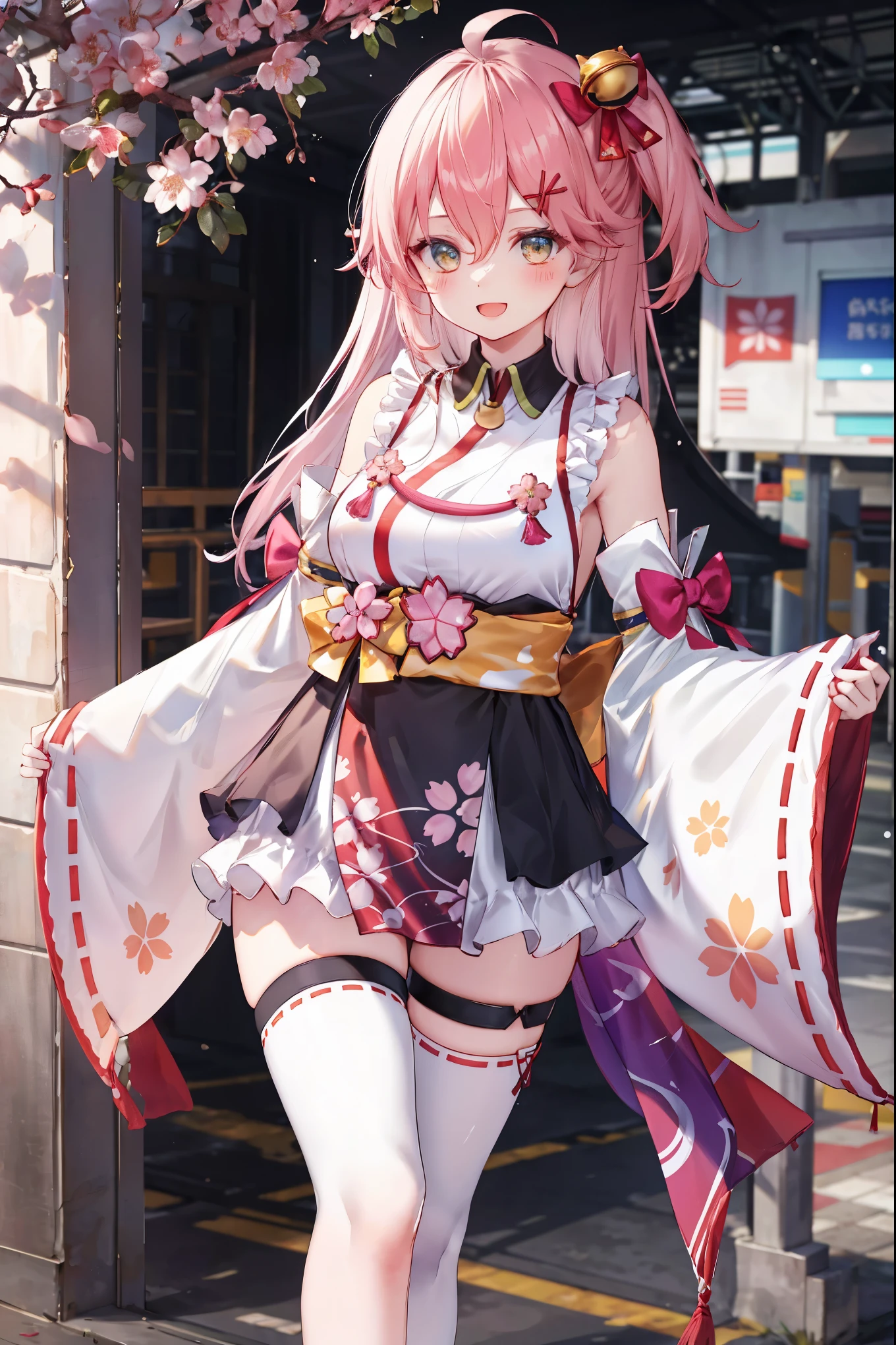 masterpiece, best quality, highres, miko1, sakura_miko, 1girl, big_boobs, solo, ahoge, x_hair_ornament, pink_hair, floral print, hairclip,(side_less_clothes:1.5), (side_boobs:1.5), hair_bell, floral print, long_hair, hair between eyes, one side up, white thighhighs, asymmetrical legwear, wide sleeves, open_mouth,(happy:1.3),gleen_eyes,big_smile,(rise_leg:1.3),plump,apart_legs,(overly_long_sleeves:1.3),),sleeves_past_wrists,hands_hidden_sleeves,sidelock_clothes,dynamic_posing,solo,hidden_wrists,(XD:1.4),covered_nipples,sunlight,cherryblossom_background,
