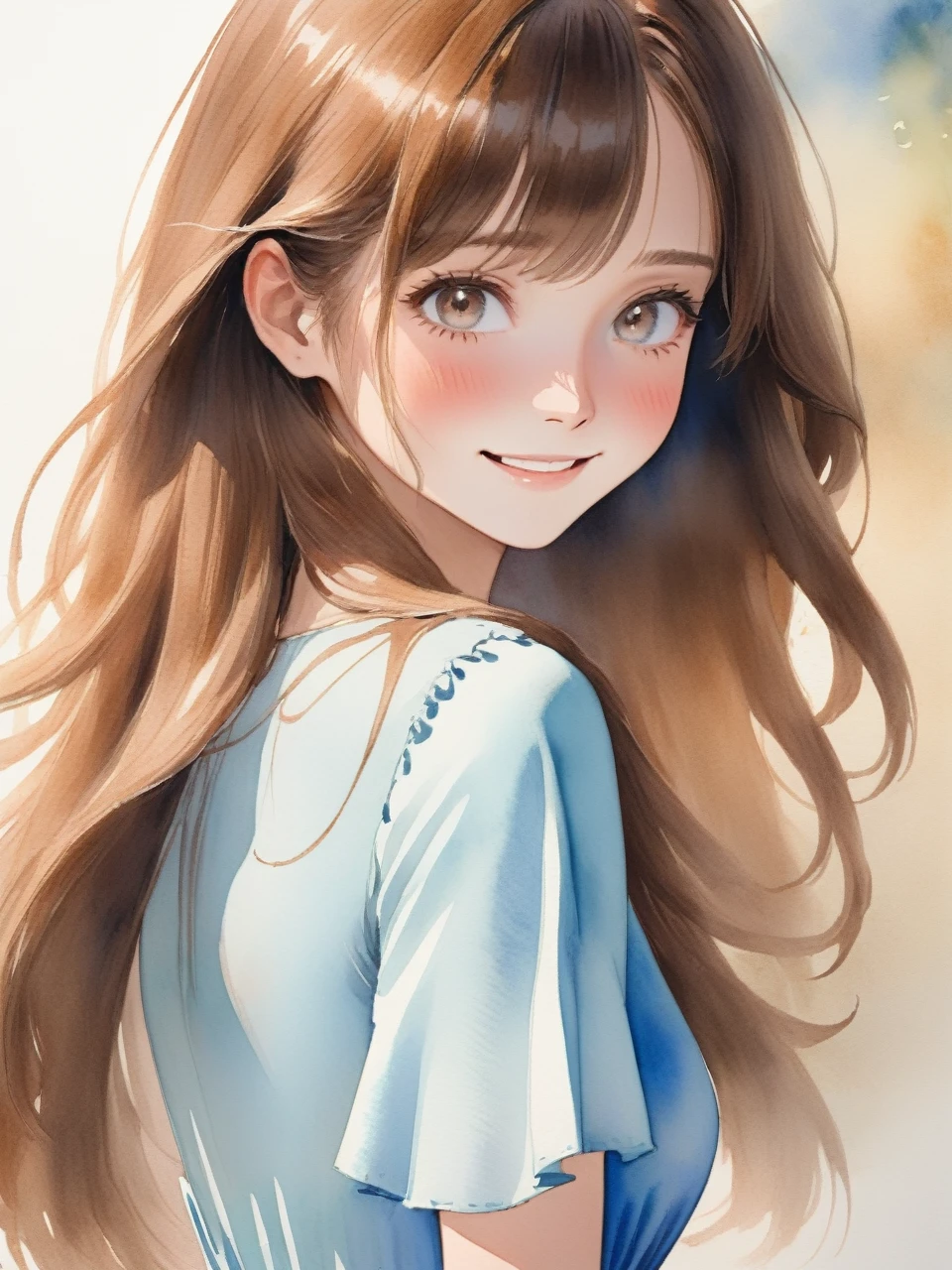 アニメのwoman、Long Hair、Brown Hair、Looking at me and smiling、work、adult、woman、refreshing、、vivid、Lively、A very detailed watercolor painting、The soft light is hitting my face、adultのwoman、Slim figure、黒いスーツの中に白いワイシャツを着ているadultのwoman、Light blue dress