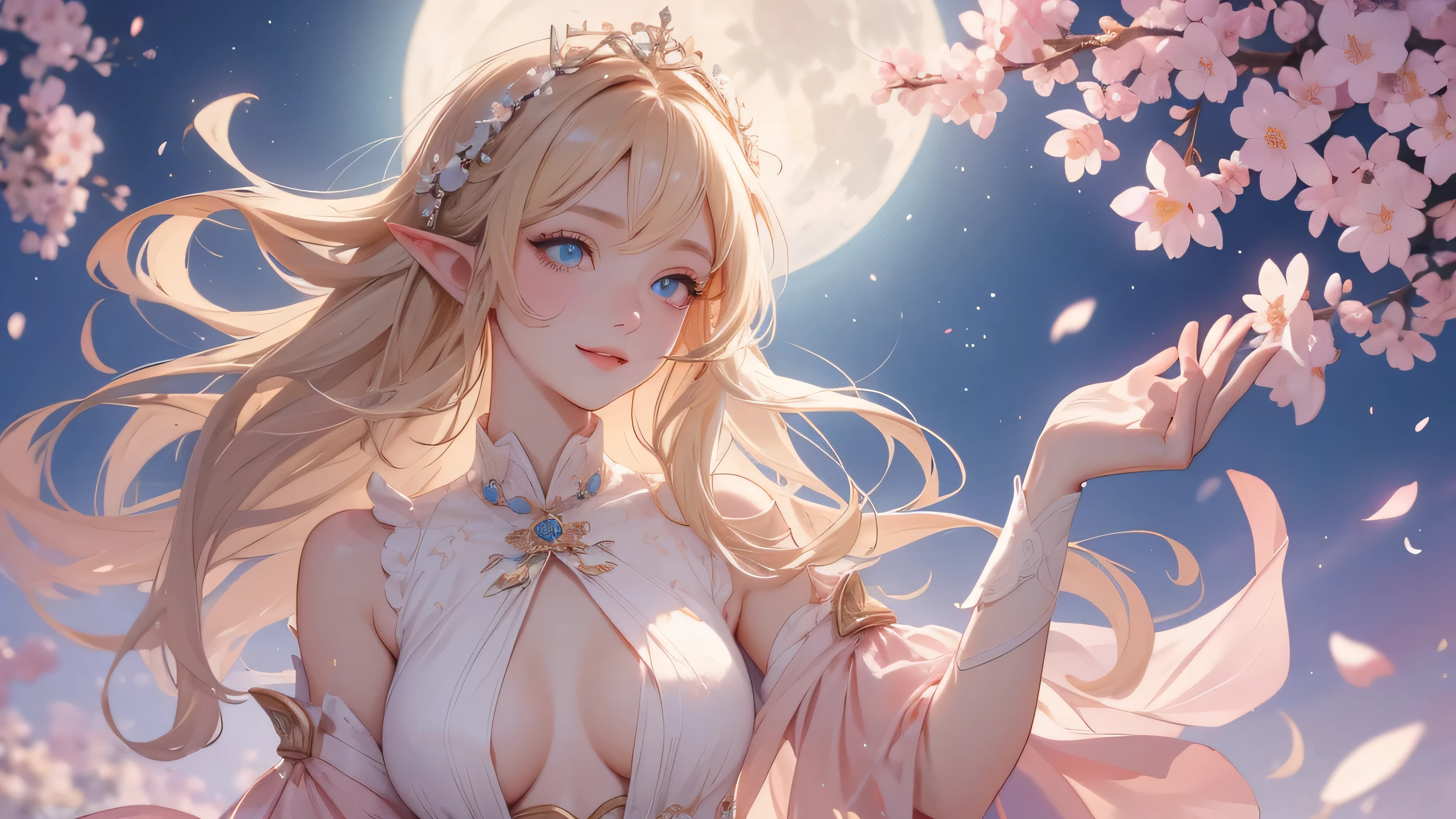 work of art, ultra creative, epic details, ultra detaild, best resolution, Woman, blonde, (BEAUTIFUL ELF), {{ beautiful and rustic flower crown on head}}, sculptural body, ((brown clothes)) ((perfect hands))), pink scenery, no mistakes, (((rosto ultra detaild ))), ((( olhos ultra detailds ))) (( blue eye)) glad, (expression of joy), (big open smile), Simple smile, ( moon in the background), ( Sakura petals around ) wearing white gloves
