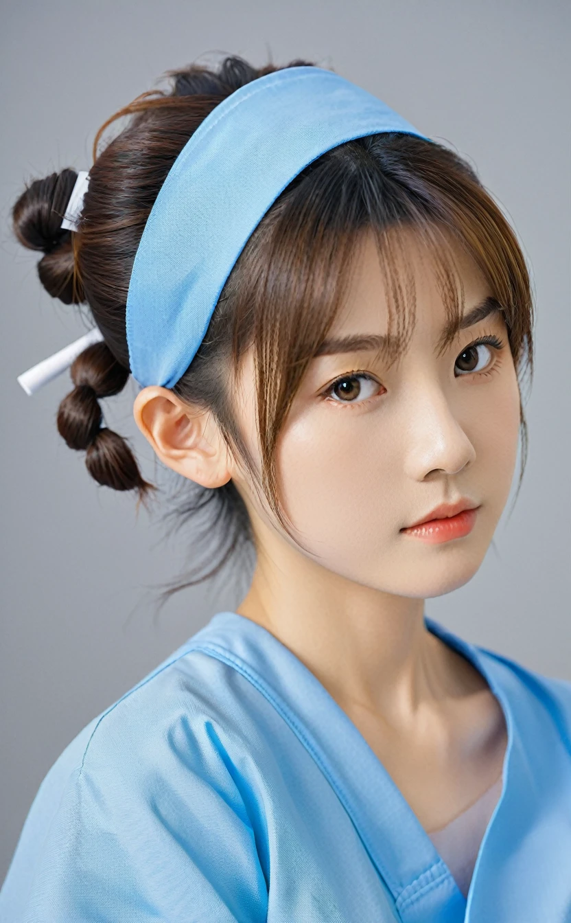 Realistic,Japanese young idol one girl portrait,Hair tied in a loose bun at the back,She is a kind nurse in a blue doctor's uniform.,Wearing a Japanese nurse's hat,Gentle smile,Simple light blue background,Tilting face,Popular Korean makeup,photoRealistic,