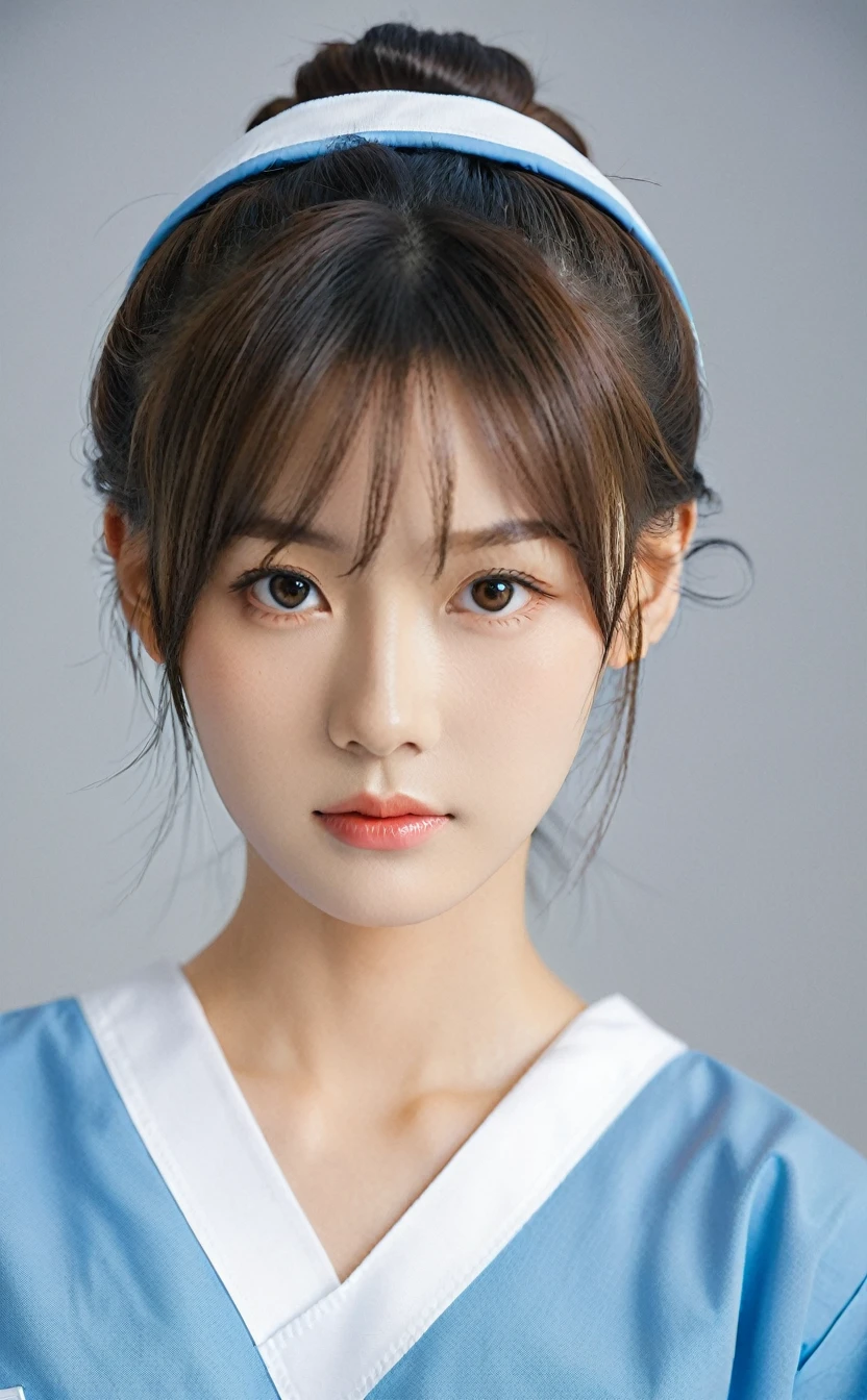 Realistic,Japanese young idol one girl portrait,Hair tied in a loose bun at the back,She is a kind nurse in a blue doctor&#39;s uniform.,Wearing a Japanese nurse&#39;s hat,Gentle smile,Simple light blue background,Tilting face,Popular Korean makeup,photoRealistic,