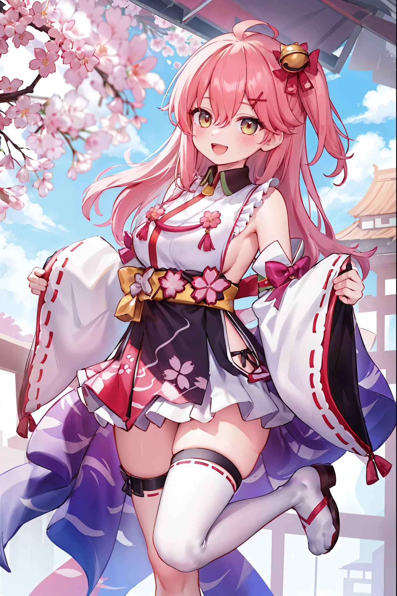 masterpiece, best quality, highres, miko1, sakura_miko, 1girl, big_boobs, solo, ahoge, x_hair_ornament, pink_hair, floral print, hairclip,(side_less_clothes:1.5), (side_boobs:1.5), hair_bell, floral print, long_hair, hair between eyes, one side up, white thighhighs, asymmetrical legwear, wide sleeves, open_mouth,(happy:1.3),gleen_eyes,big_smile,(rise_leg:1.3),plump,apart_legs,(overly_long_sleeves:1.3),),sleeves_past_wrists,hands_hidden_sleeves,sidelock_clothes,dynamic_posing,solo,hidden_wrists,(XD:1.4),covered_nipples,sunlight,cherryblossom_background,