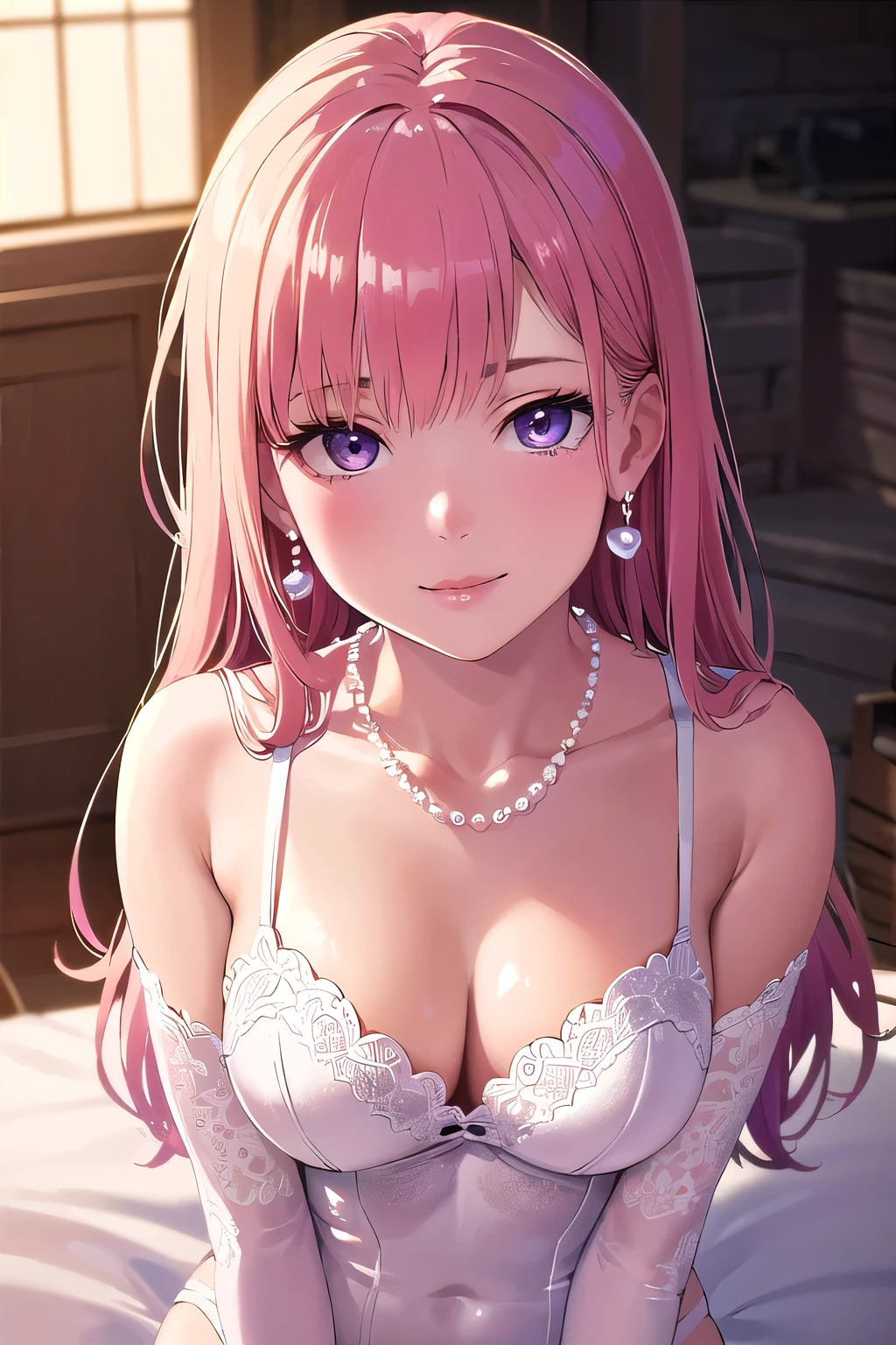 (8K, top-quality, masterpiece:1.2), (realistic, photorealistic:1.37), (super detail), (one girl), (highly detailed), (beautifully detailed eyes), (of the highest quality), (super detailed), (masterpiece), (detailed face), (20yr old), (1 girl), (pink hair, long hair), (medium breasts), (clothed), (perfect lighting), BREAK, (upper body to knees), (wavy pink long hair), (bright gentle smile), (one hand on hip, other lightly touching hair), (pastel color background), (soft diffuse light), BRAKE, (purple glossy bodysuit:1.2), (white lace details:1.3), (satin:1.4), (tulle:1.2), (glossy texture:1.9), (tight fit:1.9), (heart cutout bustline:1.3), (high-waisted:1.2), (slim silhouette:1.4), (ribbon accents:1.3), (frills:1.2), (pearl necklace:1.2), (pearl earrings:1.2), BRAKE