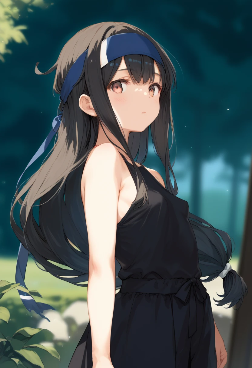 score_9,score_8_up,score_7_up,source_anime,cowboy shot,Idealized Forms,Natural Light,details background,blurry background,extremely detailed,hatsushimoKC, (left(white)right(blue))headband, (black)long hair, (low-tied)hair, (black)hair, small breasts,(petite),(ayl)