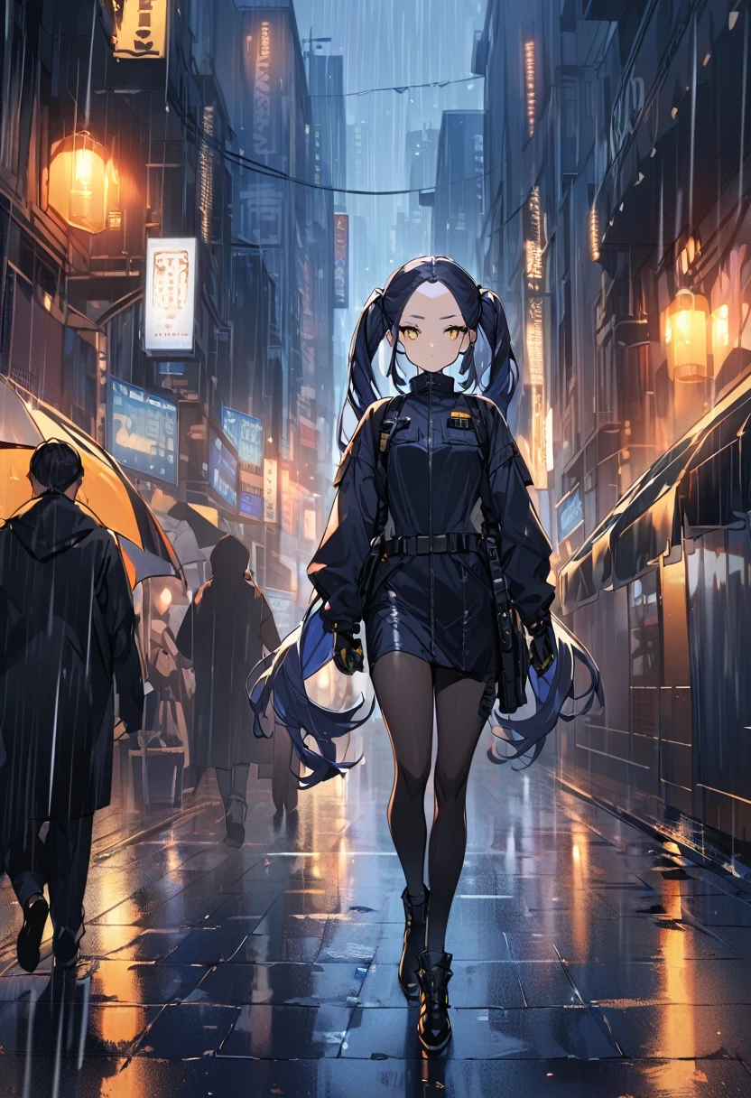 (One person,Very tall woman,Dark navy blue hair,Her hairstyle is twin tails that expose her forehead.,Medium chest,yellow eyes,Black Techwear,gloves,Walking in the rainy city)