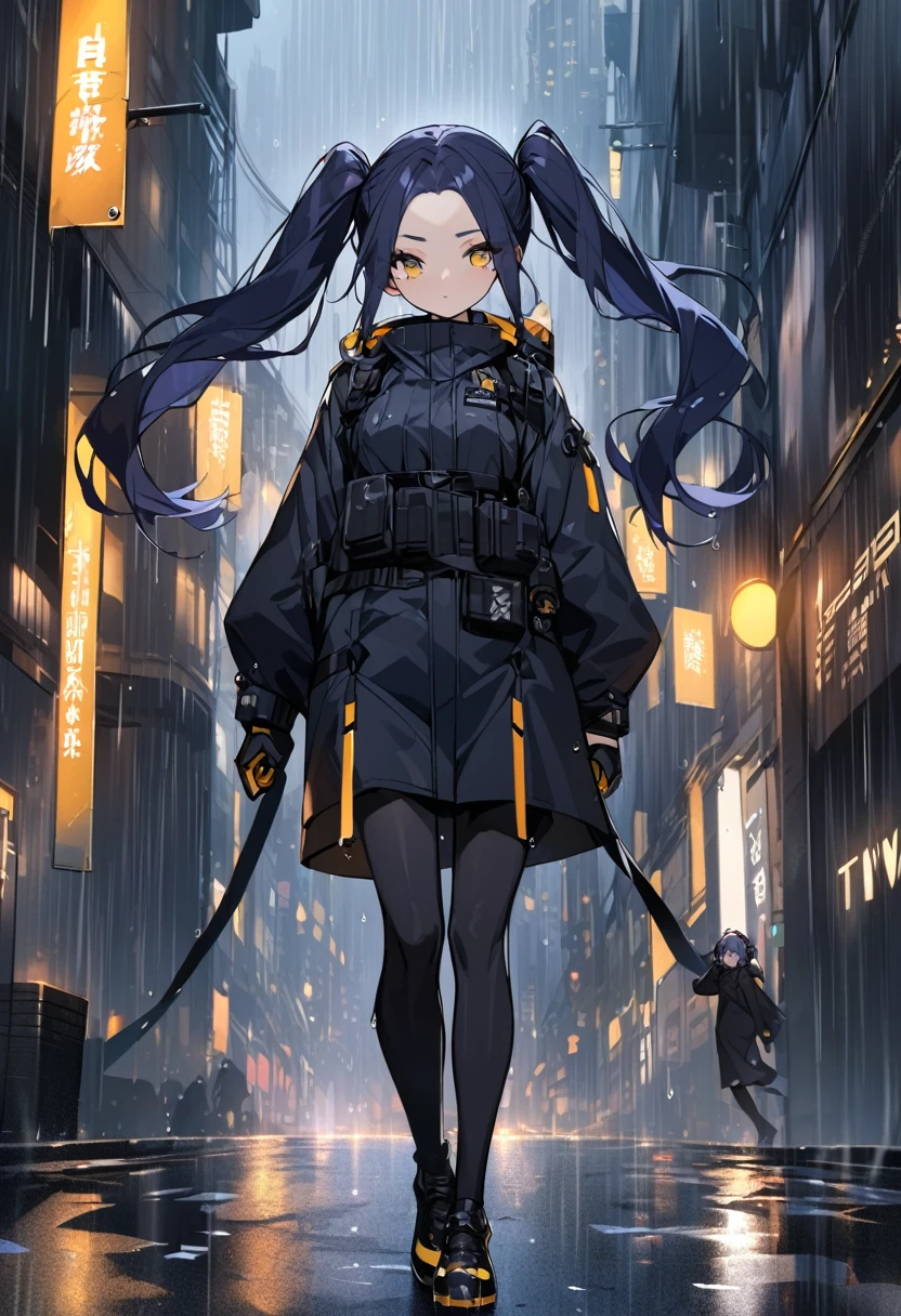 (One person,Very tall woman,Dark navy blue hair,Her hairstyle is twin tails that expose her forehead.,Medium chest,yellow eyes,Black Techwear,gloves,Walking in the rainy city)