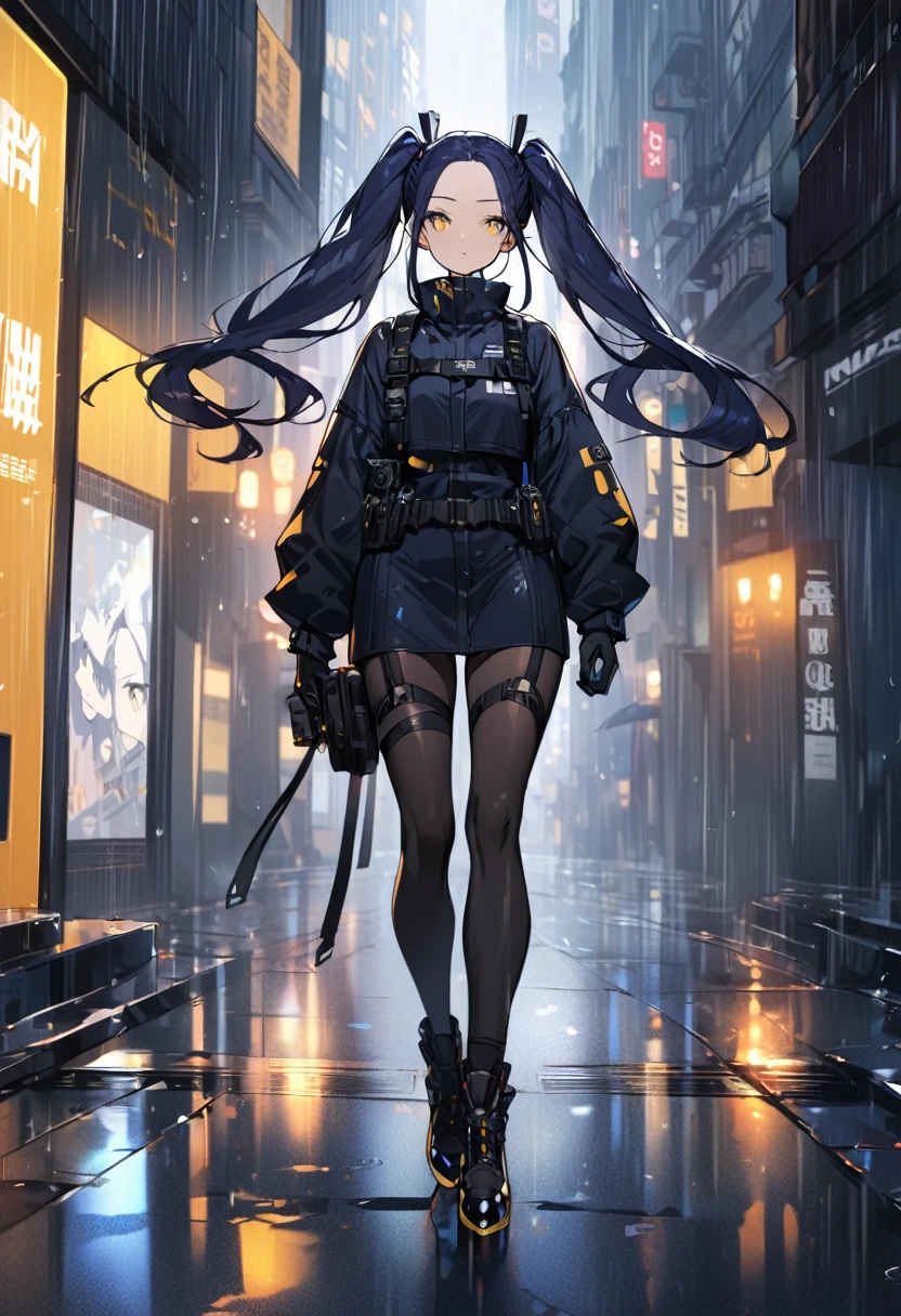 (One person,Very tall woman,Dark navy blue hair,Her hairstyle is twin tails that expose her forehead.,Medium chest,yellow eyes,Black Techwear,gloves,Walking in the rainy city)