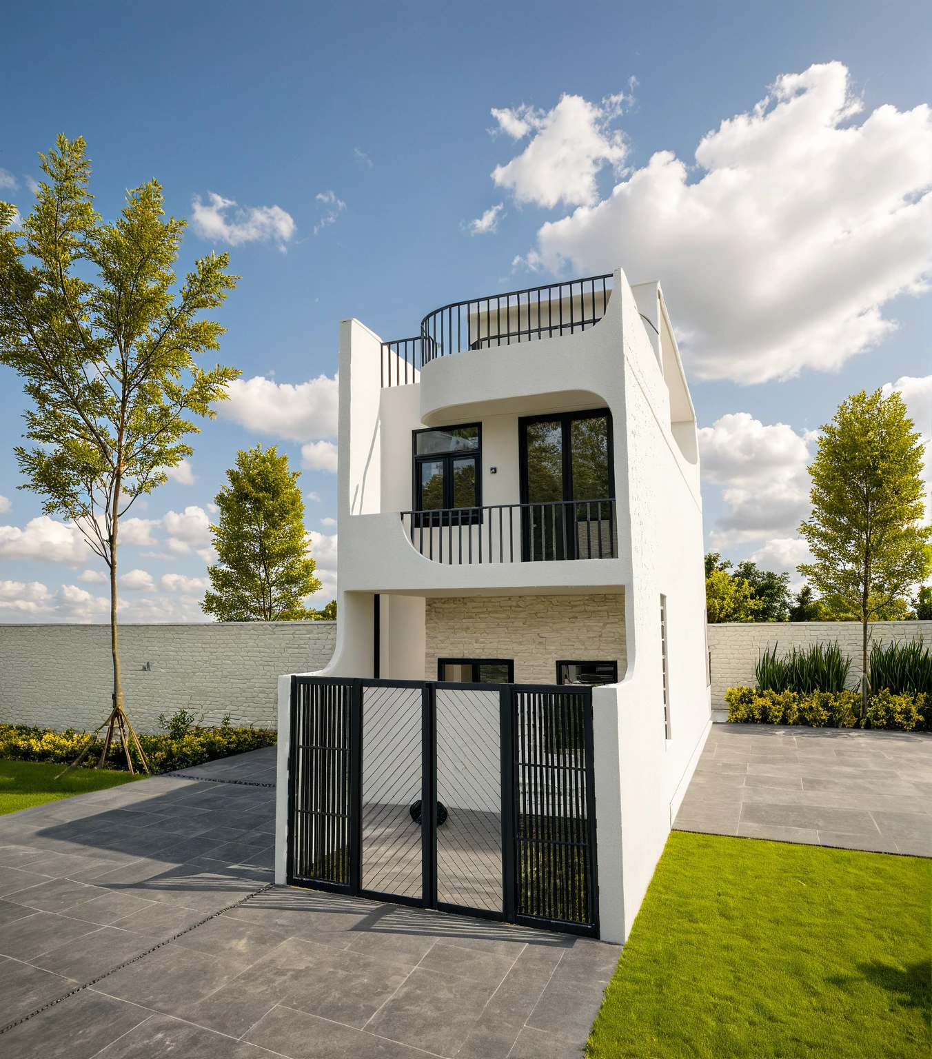 Masterpiece, high quality, best quality, authentic, super detail, outdoors, onestoreyvillaXL, aiaigroup, house style modern on the street ,stairs, white wall ,road,pavement, grass, trees, sky, cloud, (daylight:1.1)