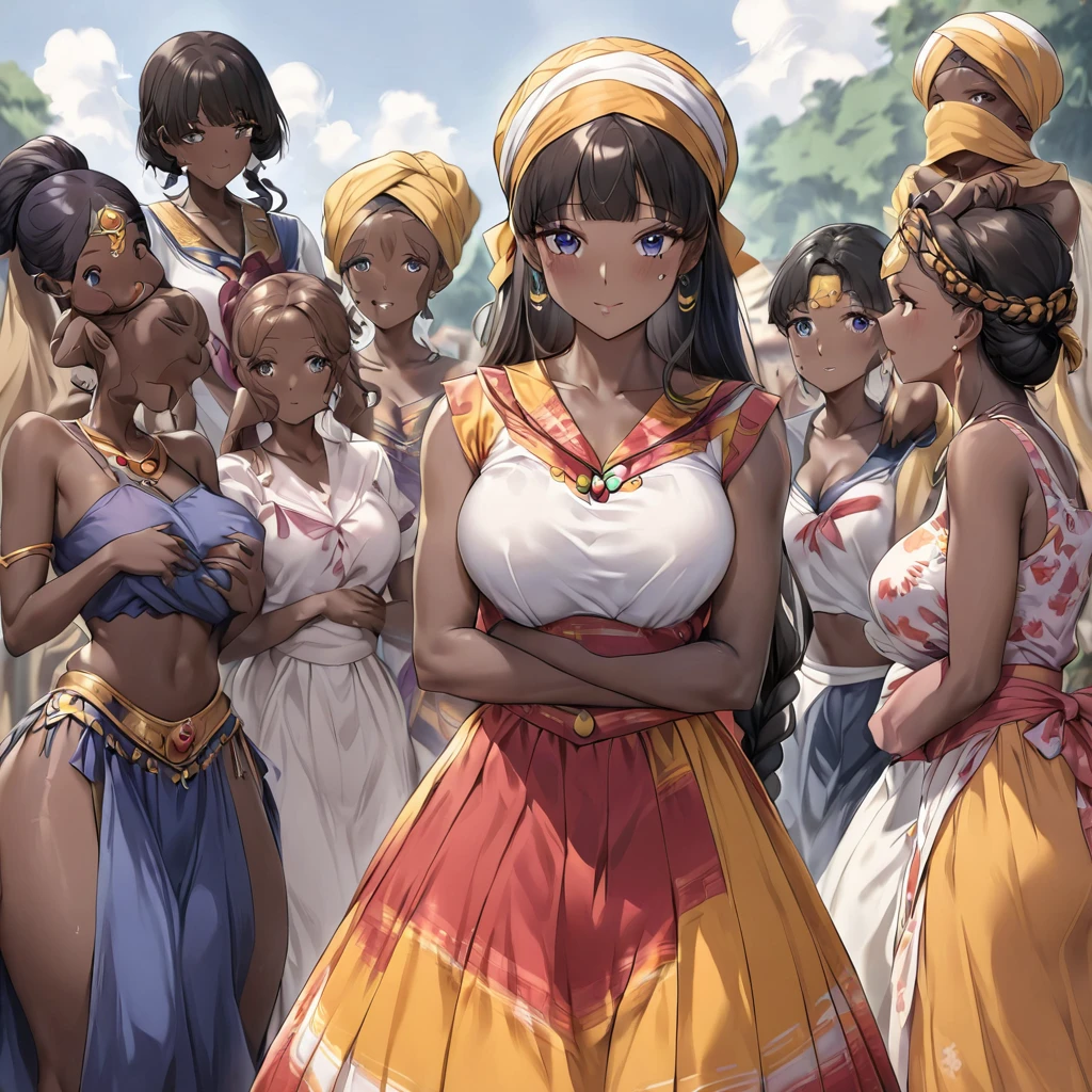 ((Highest quality)), ((masterpiece)), (detailed), (Perfect Face)、The woman is a Ghanaian born Tsukino Usagi with a vivid dark skin, black by birth, and is wearing a colorful Ghanaian dress from a Ghanaian village, a colorful turban head scarf, gorgeous jeweled accessories, and an engagement ring.、The woman is the elegant Tsukino Usagi, with her short black afro hair tied up in a Ghana braid, wearing a colorful Ghanaian dress and a colorful turban head scarf, with vibrant dark brown skin, a natural-born black person, and a natural-born Ghanaian, Tsukino Usagi.、(The woman is a black Ghanaian with vivid dark brown skin.)、The woman is raising children and doing village work with other village girls in her village in Ghana.、、The woman is holding her baby daughter、Polygamous Ghanaian families are large and have many other wives and children.