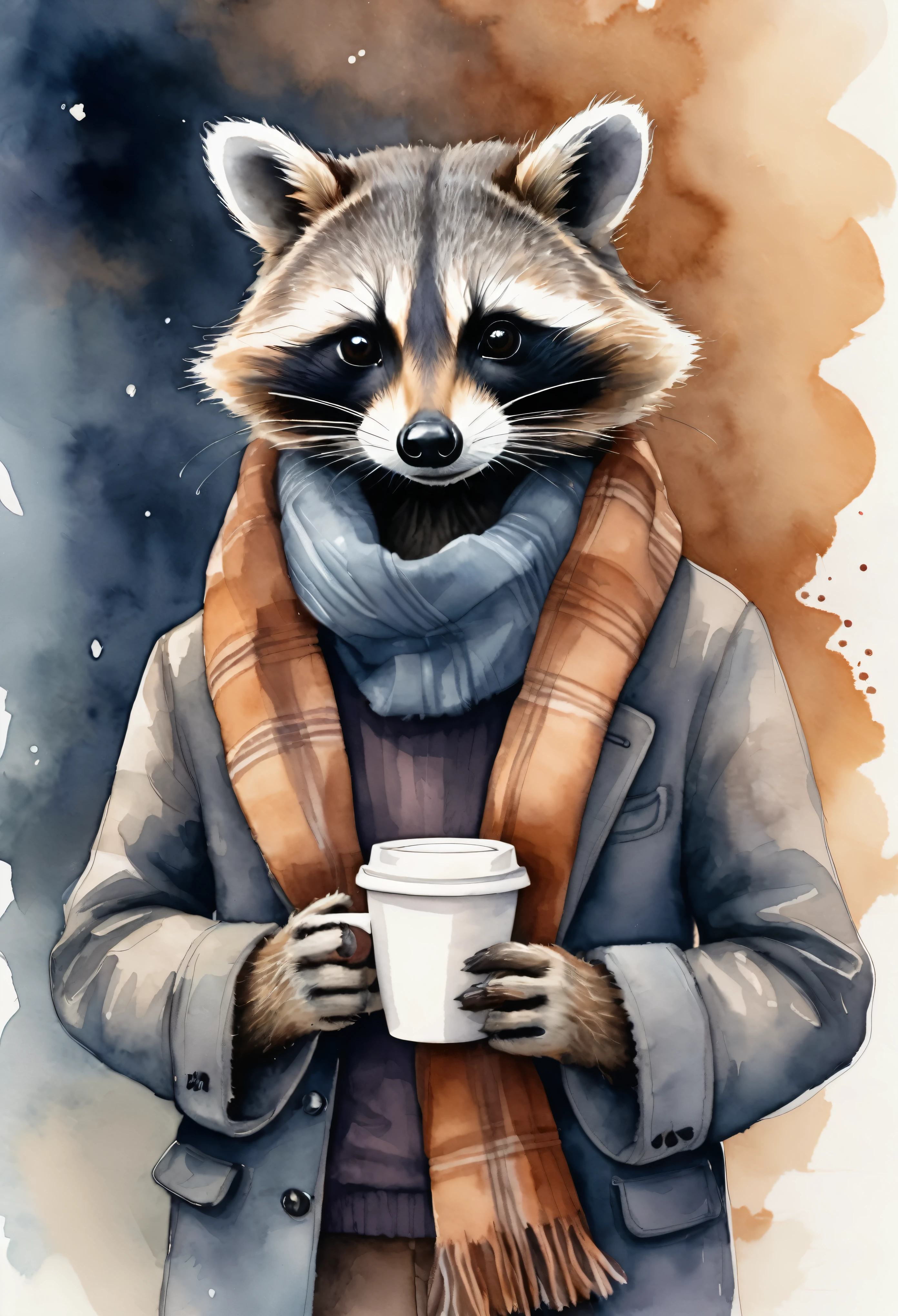 The raccoon wears a wool scarf around his neck and holds a take away coffee cup in his hand, watercolor style, illustration, detailed, 8k