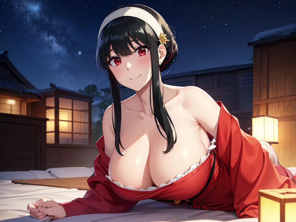 (SFW:1.8、masterpiece, Highest quality),1people々々, 一people々々in, Absurd、現実inは捉えられないディテールと美しさ、hyper Realistic, Realistic,Realistic, Looking at the audience, 美しいbangs:2、魅力的なbangs:2、bangs:2、), Mouth closed, Big Tits Eyes、eyelash、 whole :2、(((Eye highlightsを加える:1.4、Long Hair、She is very 美しい and cute、Show me your ears、Beautiful long neck:1.8、smile、Close your mouth and smile:1.5、bangsと美しい歯)))、Ideal body type、((firework、Night Sky、Night Skyに美しいfirework、))、Beautiful long neck:1.6、Perfect Anatomy、people々Beautiful pads that make you feel happy:2、自然in快適な照明、Keep an eye on your audience、Shadow Fade、Listen carefully、((Black Hair、Red yukata、White hair band、Red eyes))、A starry sky、Rich nature background、fireworkの光、Off the shoulder、Underwear is visible、the chest is slightly visible、Open yukata、The yukata is a little off、Cleavage、White underwear、White Lingerie、Sweat、Night Sky、firework、Eye highlights、Backlight、Lie down、Sweat、Highlights for the eyes、Lying down、Looking backwards、From the back、一peopleの女の子