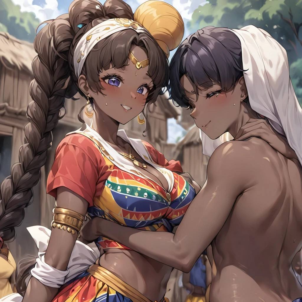 ((Highest quality)), ((masterpiece)), (detailed), (Perfect Face)、The woman is in a village in Ghana, together with other village girls, having fun having sex with the men in the village.、The woman is a Ghanaian born Tsukino Usagi with a vivid dark skin, black by birth, and is wearing a colorful Ghanaian dress from a Ghanaian village, a colorful turban head scarf, gorgeous jeweled accessories, and an engagement ring.、The woman is the elegant Tsukino Usagi, with her short black afro hair tied up in a Ghana braid, wearing a colorful Ghanaian dress and a colorful turban head scarf, with vibrant dark brown skin, a natural-born black person, and a natural-born Ghanaian, Tsukino Usagi.、(The woman is a black Ghanaian with vivid dark brown skin.)、The woman is in a village in Ghana, together with other village girls, having fun having sex with the men in the village.
