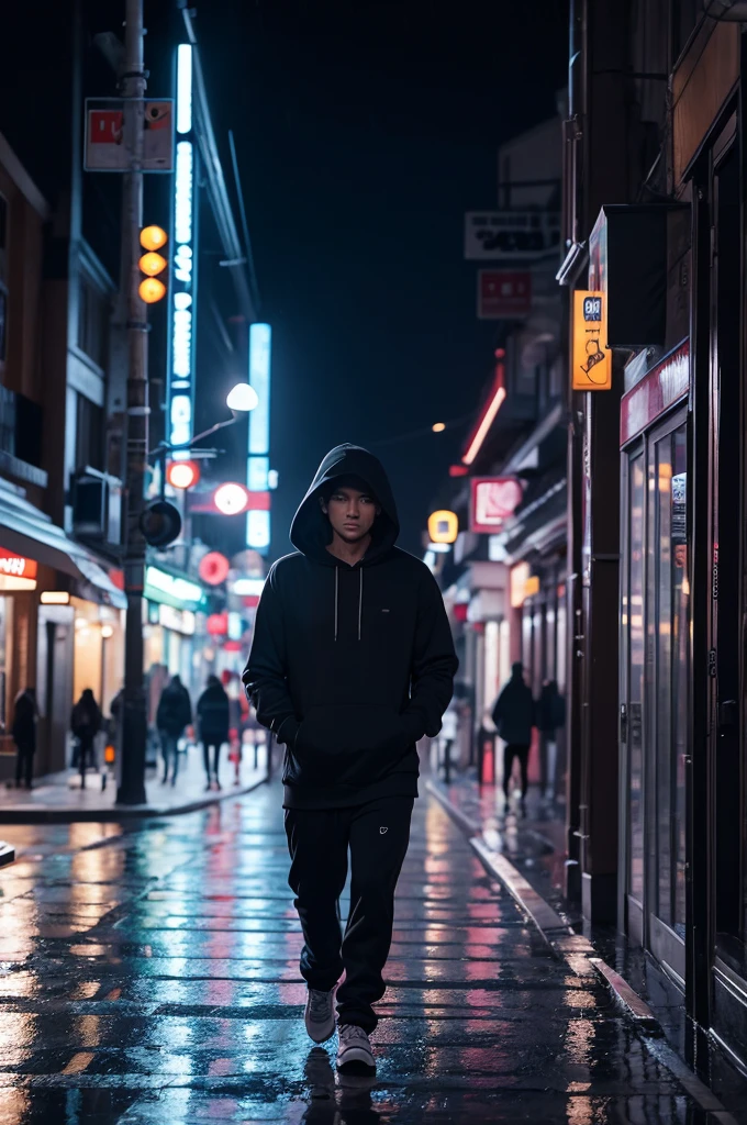 A man in a hoodie walking down a busy street in a rainy night