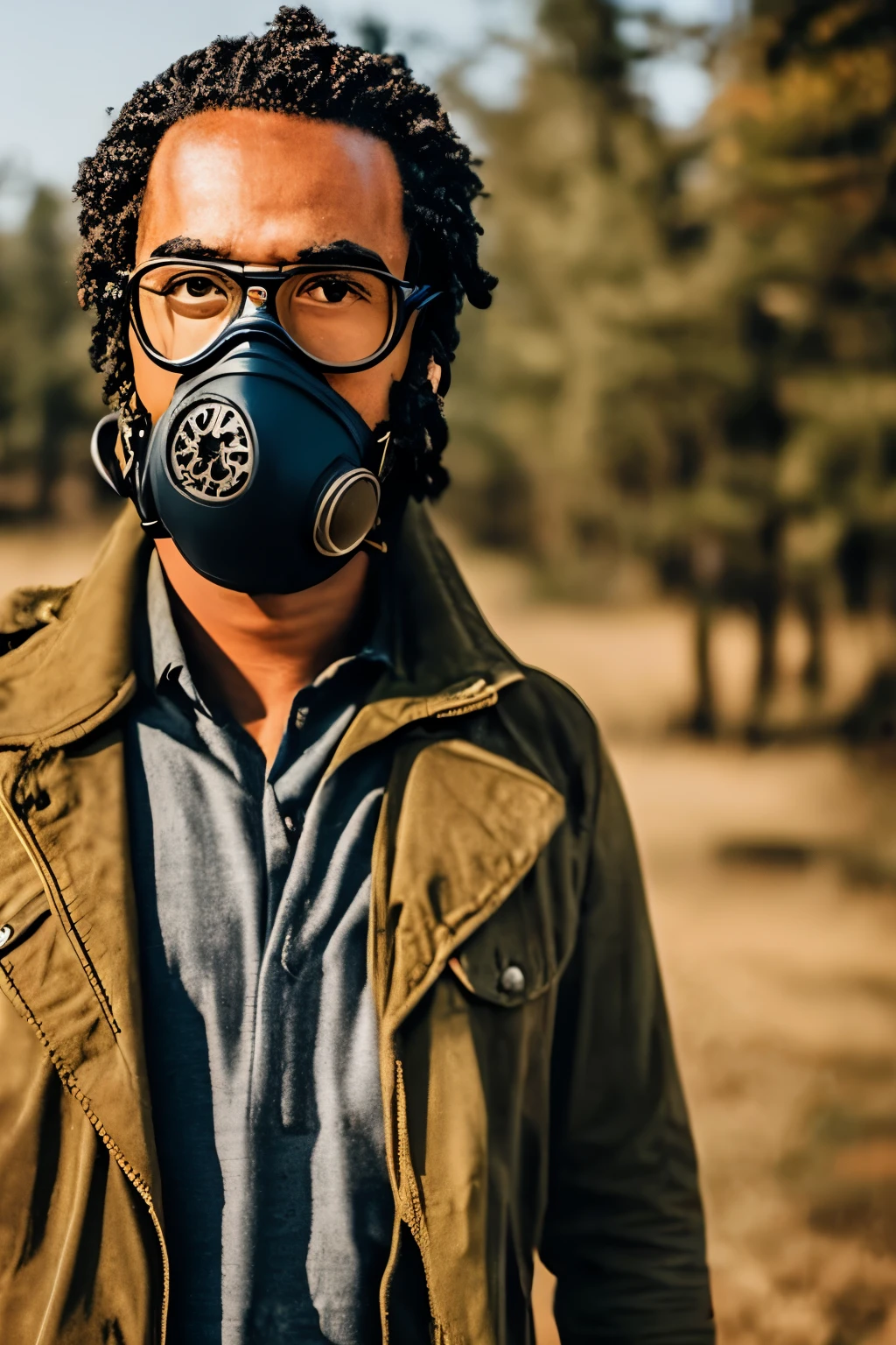 Create a person who survived the apocalypse with a bottomless gas mask