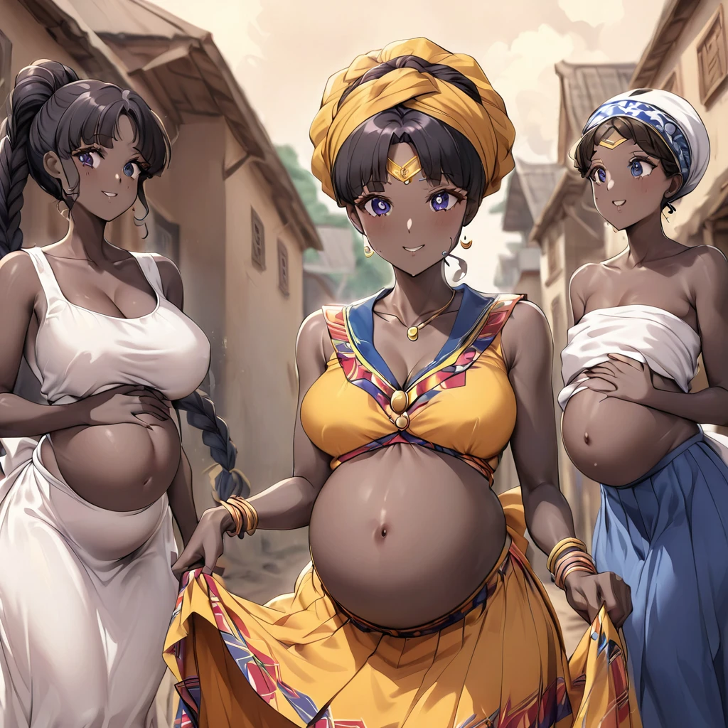 ((Highest quality)), ((masterpiece)), (detailed), (Perfect Face)、The woman is a Ghanaian born Tsukino Usagi with a vivid dark skin, black by birth, and is wearing a colorful Ghanaian dress from a Ghanaian village, a colorful turban head scarf, gorgeous jeweled accessories, and an engagement ring.、The woman is the elegant Tsukino Usagi, with her short black afro hair tied up in a Ghana braid, wearing a colorful Ghanaian dress and a colorful turban head scarf, with vibrant dark brown skin, a natural-born black person, and a natural-born Ghanaian, Tsukino Usagi.、(The woman is a black Ghanaian with vivid dark brown skin.)、The woman is chatting with other village girls while babysitting in a village in Ghana.、The women are pregnant、The women are holding their baby daughters