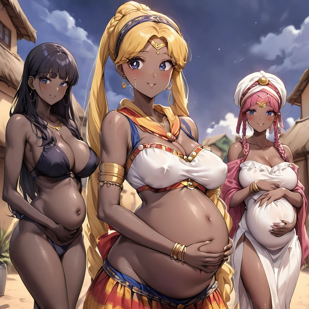 ((Highest quality)), ((masterpiece)), (detailed), (Perfect Face)、The woman is a Ghanaian born Tsukino Usagi with a vivid dark skin, black by birth, and is wearing a colorful Ghanaian dress from a Ghanaian village, a colorful turban head scarf, gorgeous jeweled accessories, and an engagement ring.、The woman is the elegant Tsukino Usagi, with her short black afro hair tied up in a Ghana braid, wearing a colorful Ghanaian dress and a colorful turban head scarf, with vibrant dark brown skin, a natural-born black person, and a natural-born Ghanaian, Tsukino Usagi.、(The woman is a black Ghanaian with vivid dark brown skin.)、The woman is chatting with other village girls while babysitting in a village in Ghana.、The women are pregnant、The women are holding their baby daughters