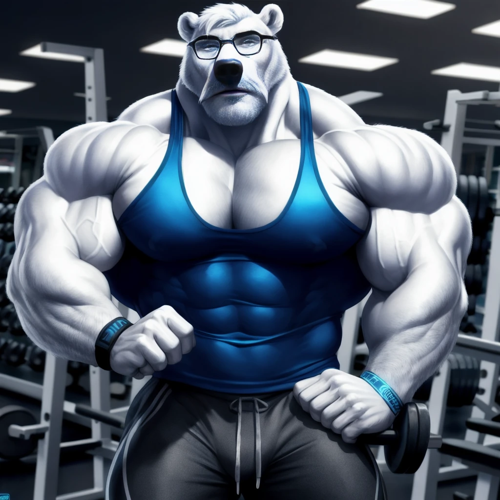 solo, 1boy, Huge Muscular White Polar Bear wearing glasses, huge white fur, pectoral, huge pectoral, wide pectoral, short white hair, blue colored short pants, blue colored wristbands and blue colored tank top, white bearded, white Mustache, white fur, simple background, masterpiece, high detailed, 8k, high resolution, at the gym, flexes huge muscles, disney profile,