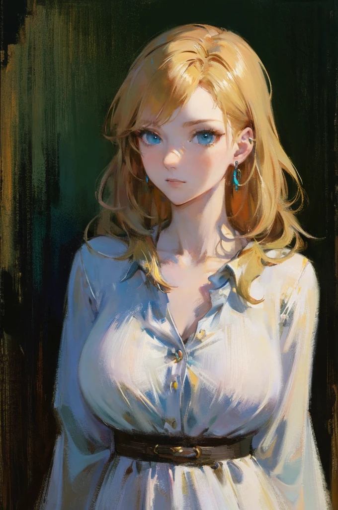 (top-quality、masterpiece:1.2) 1woman, detailed portraiture art of a character, loose oil paint, thick pain, video game character art, female, black background background, stunning, perfect artwork, blonde hair, hair dyed green at the ends, blue eyes, earrings, sexy pose
