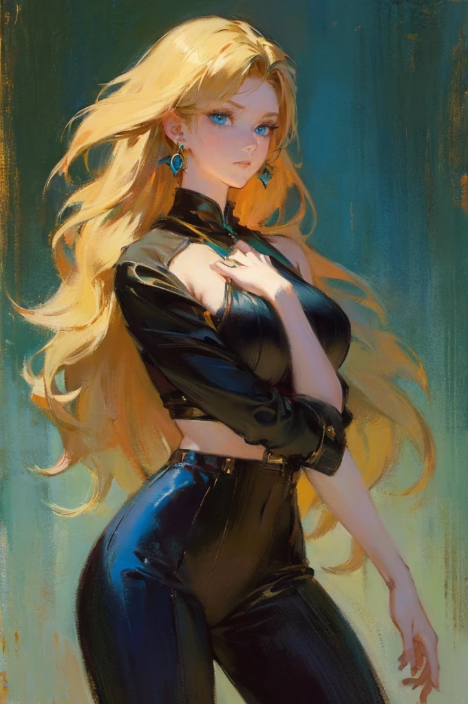 (top-quality、​masterpiece:1.2) 1woman, detailed portraiture art of a character, loose oil paint, thick pain, video game character art, female, black background background, stunning, perfect artwork, blonde hair, hair dyed green at the ends, blue eyes, earrings, sexy pose