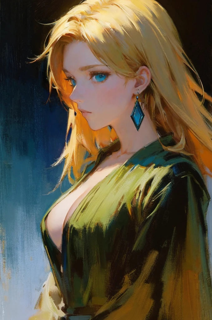 (top-quality、​masterpiece:1.2) 1woman, detailed portraiture art of a character, loose oil paint, thick pain, video game character art, female, black background background, stunning, perfect artwork, blonde hair, hair dyed green at the ends, blue eyes, earrings, sexy pose