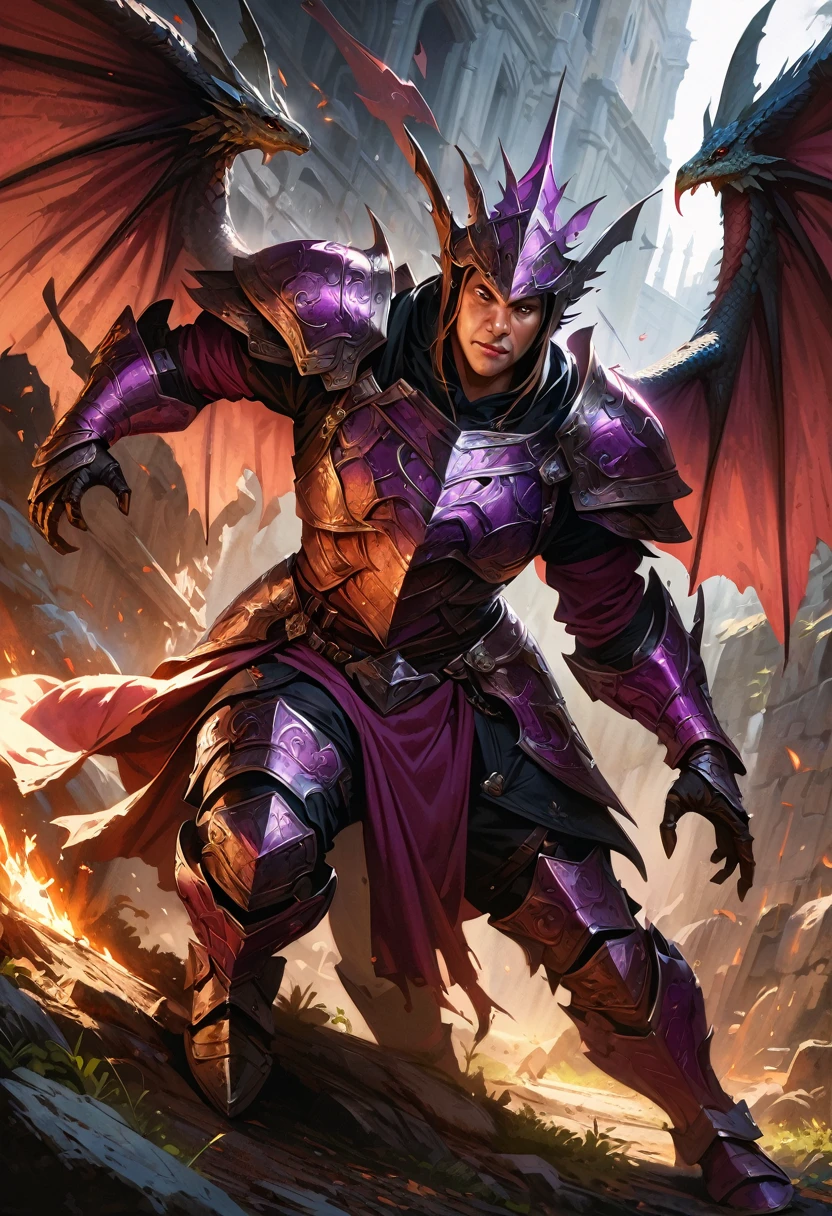 DnD character art, dragon lizard, wings, purple color, armor, fantasy, intricate details, highly detailed, digital painting, cinematic lighting, epic fantasy, ornate armor, medieval, dramatic pose, fierce expression, powerful, majestic, dynamic, (best quality,4k,8k,highres,masterpiece:1.2),ultra-detailed,(realistic,photorealistic,photo-realistic:1.37)