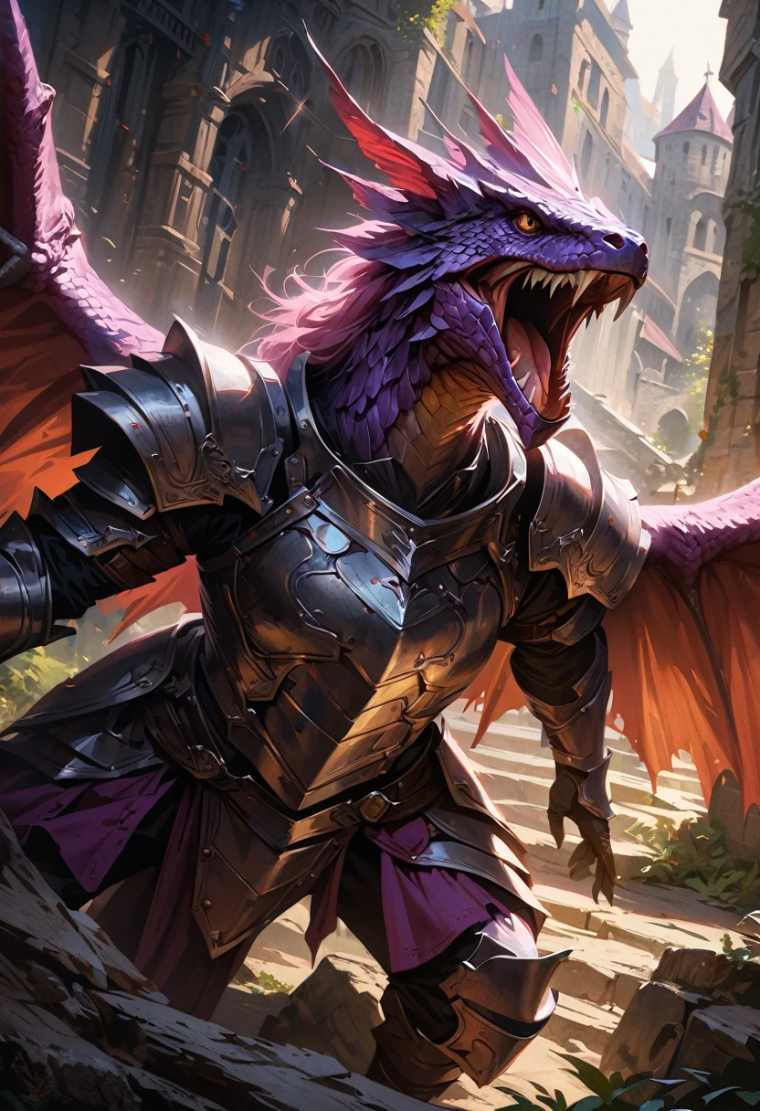 DnD character art, dragon lizard, wings, purple color, armor, fantasy, intricate details, highly detailed, digital painting, cinematic lighting, epic fantasy, ornate armor, medieval, dramatic pose, fierce expression, powerful, majestic, dynamic, (best quality,4k,8k,highres,masterpiece:1.2),ultra-detailed,(realistic,photorealistic,photo-realistic:1.37)