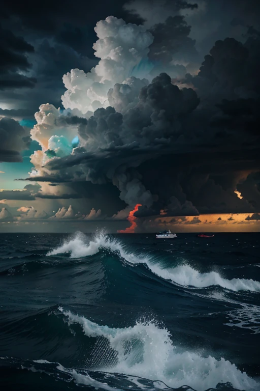 a storm at sea, the storm that is neon blue, red, green without boat and the brightest colors