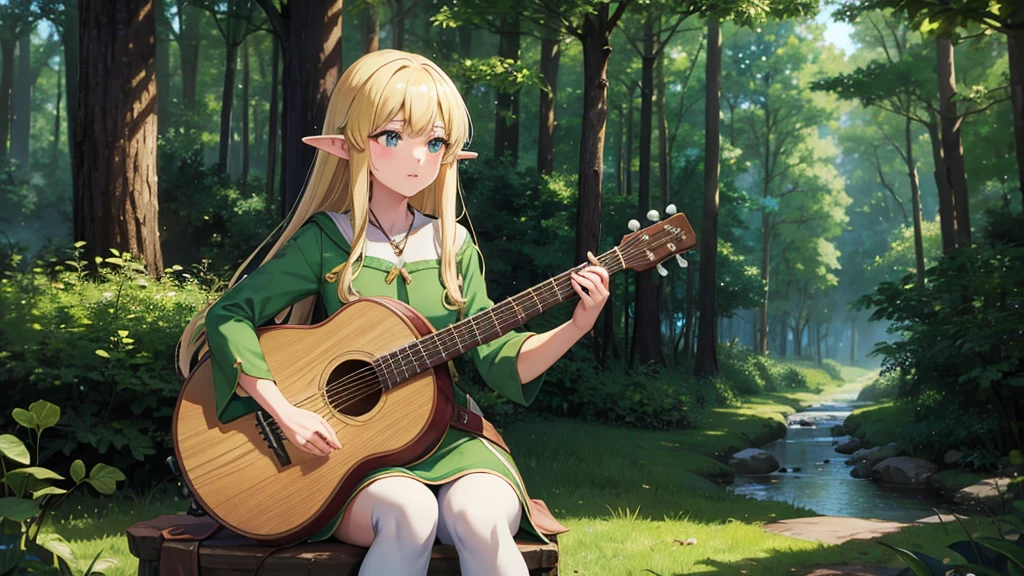 high quality,Anime girl playing banjo in the woods, Elven bard of the forest playing the lute, Elf Girl, elf forest background, Anime Rush John 8k Woods, Elf Princess, beautiful wood elf, forest soul, Fantasy-style anime, anime art wallpaper 4k, anime art wallpaper 4k, Elf Princess, Beautiful anime portraits, Anime Art Wallpapers 8K