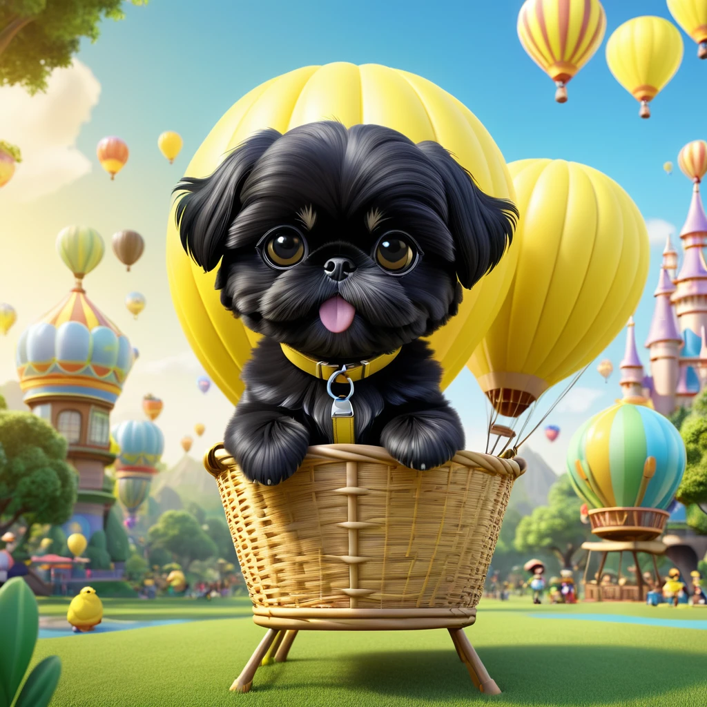 2 Adorable small black Shih Tzu puppies wearing yellow sunglasses hot air balloon park 3d cartoon 3d render disney pixar style