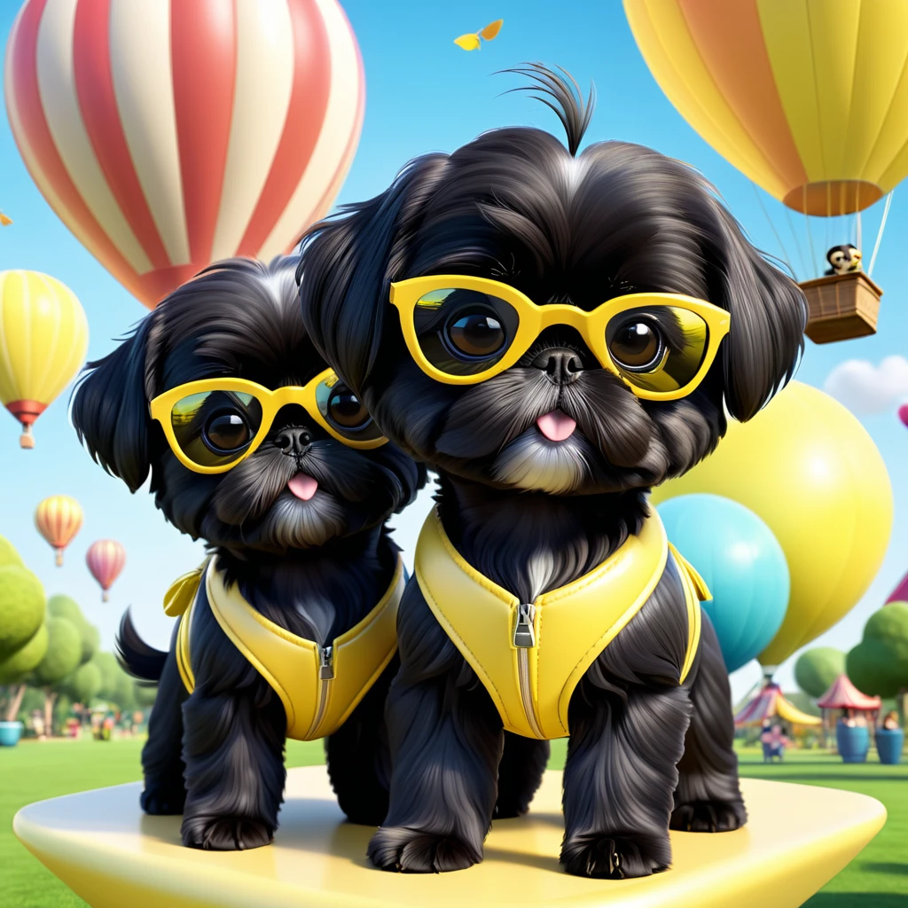 2 Adorable small black Shih Tzu puppies wearing yellow sunglasses hot air balloon park 3d cartoon 3d render disney pixar style