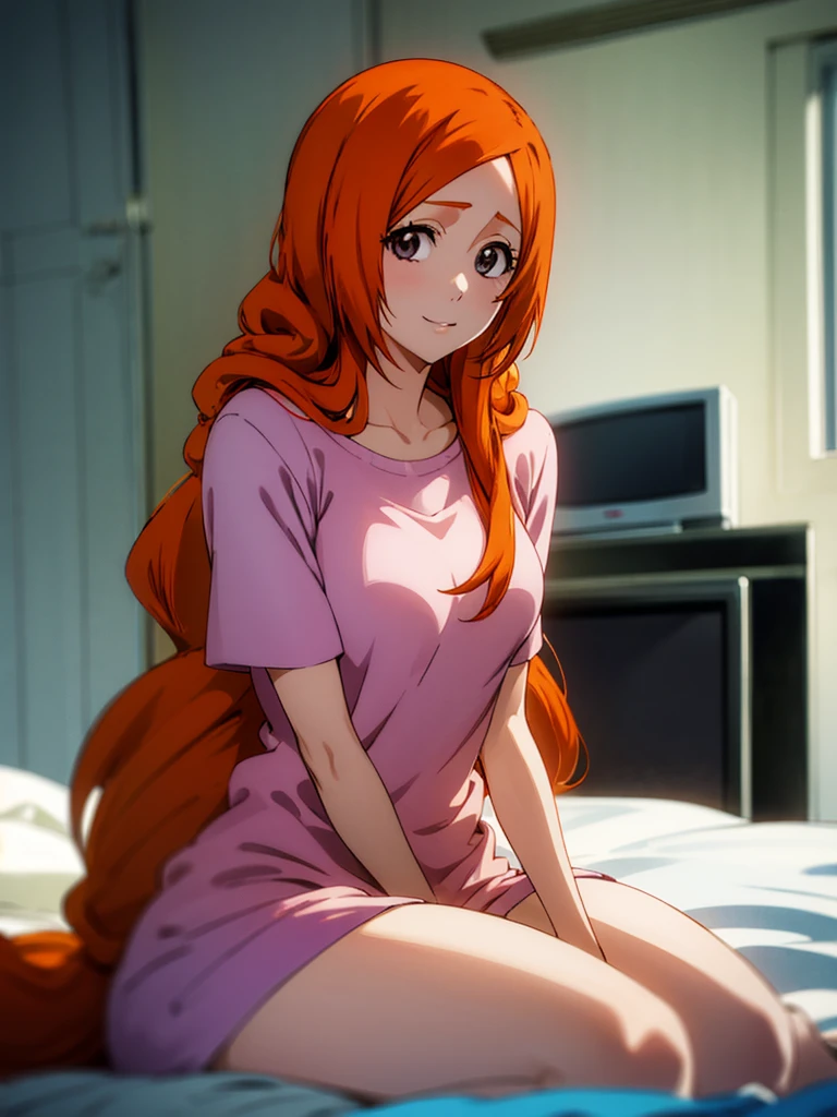 Orihime Inoue, 1girl, Single, Sitting on bed, Hair between the eyes, long hair, Hair decoration, Looking at the viewer, Untidy hair, Orange hair, Single, Thighs, long hair, ((Masterpiece)), She smiles, tv in background