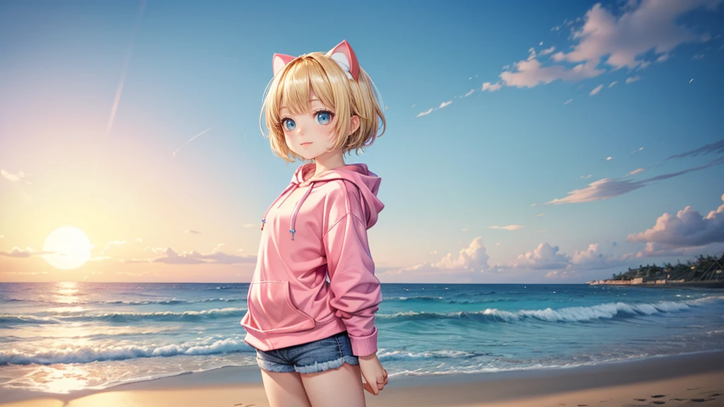 Turquoise Eyes、Cat ear、Belly button、Absurd, Ultra-detailed,Bright colors,(solo),(From the side:1.2),(View your viewers:1.5) (Short blonde hair:1.2),Shiny Hair,(Pink hoodie:1.5),(Black sneakers),Denim shorts,Delicate and beautiful face, blush、(Deep blue eyes:1.4), White skin, (A wistful smile:1.3),Beautiful Clouds,(Standing on the beach, looking to the side with a sad expression:1.3),look at the sea and sunset,At sunset,Waves crashing on the beach,sunlight,Light on the face、Cat ear、Belly button、Turquoise Eyes