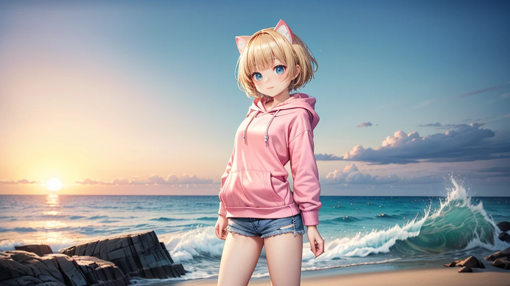 Turquoise Eyes、Cat ear、Belly button、Absurd, Ultra-detailed,Bright colors,(solo),(From the side:1.2),(View your viewers:1.5) (Short blonde hair:1.2),Shiny Hair,(Pink hoodie:1.5),(Black sneakers),Denim shorts,Delicate and beautiful face, blush、(Deep blue eyes:1.4), White skin, (A wistful smile:1.3),Beautiful Clouds,(Standing on the beach, looking to the side with a sad expression:1.3),look at the sea and sunset,At sunset,Waves crashing on the beach,sunlight,Light on the face、Cat ear、Belly button、Turquoise Eyes