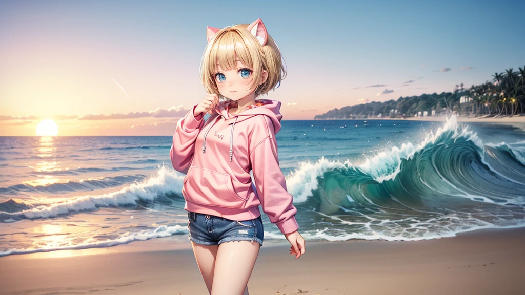 Turquoise Eyes、Cat ear、Belly button、Absurd, Ultra-detailed,Bright colors,(solo),(From the side:1.2),(View your viewers:1.5) (Short blonde hair:1.2),Shiny Hair,(Pink hoodie:1.5),(Black sneakers),Denim shorts,Delicate and beautiful face, blush、(Deep blue eyes:1.4), White skin, (A wistful smile:1.3),Beautiful Clouds,(Standing on the beach, looking to the side with a sad expression:1.3),look at the sea and sunset,At sunset,Waves crashing on the beach,sunlight,Light on the face、Cat ear、Belly button、Turquoise Eyes