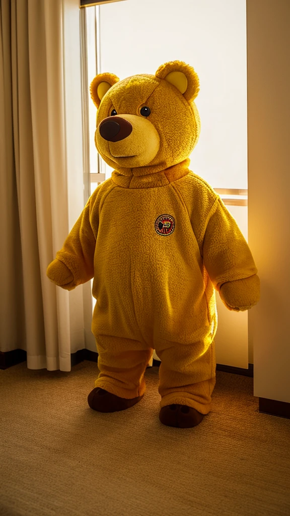 Secretly photographed from a distance, wide angle, cute bear mascot. light brown Take off your clothes and become a real bear. There was golden yellow liquid flowing from his body.