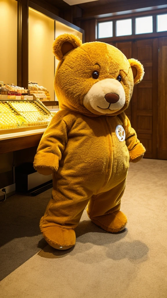 Secretly photographed from a distance, wide angle, cute bear mascot. light brown Take off your clothes and become a real bear. There was golden yellow liquid flowing from his body.