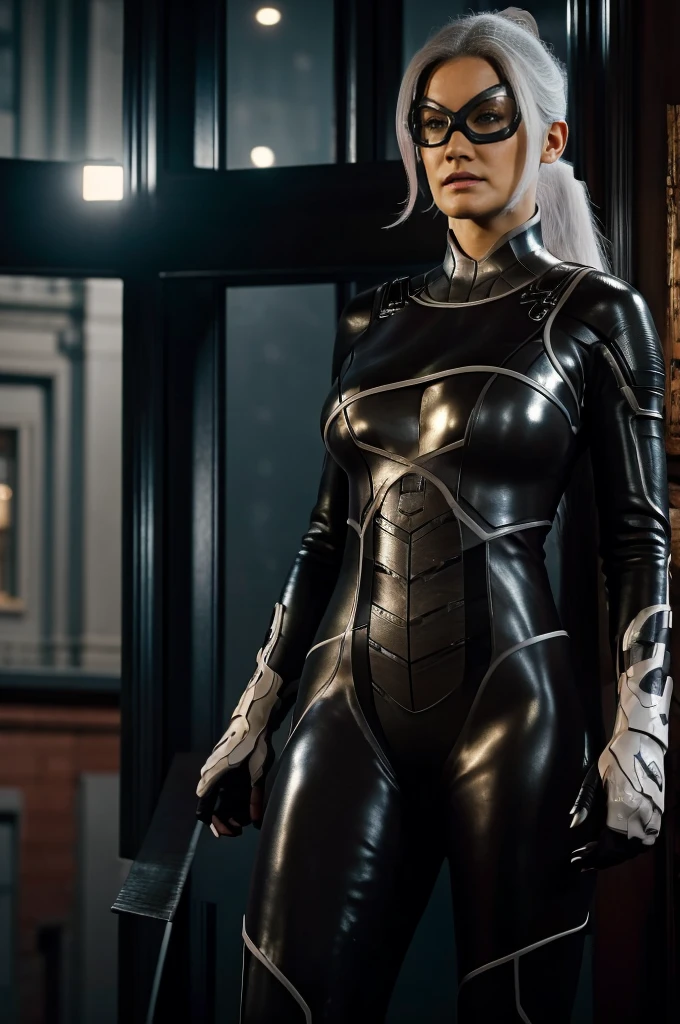 Minka Kelly,black cat,beautiful face,protruding breasts,white long hair,detailed fur texture,sharp focus,piercing eyes,intense gaze,delicate whiskers,elegant posture,mysterious aura,high contrast,soft shadows,vibrant colors,artistic rendering,realistic painting style,nighttime scenery,moonlight illumination,sleek physique,graceful movements,curved tail,intense expression,hidden secrets,mesmerizing presence,attention to details,photorealistic details,subtle highlights,darker tones,alluring beauty,sleek and shiny coat, frame,playful yet mysterious,engaging personality,intense connection,strong visual impact,stunning artwork,professional composition,high-resolution masterpiece,attention-grabbing,eye-catching composition,provocative and alluring,expressive and captivating gaze, platinum white hair, black domino mask