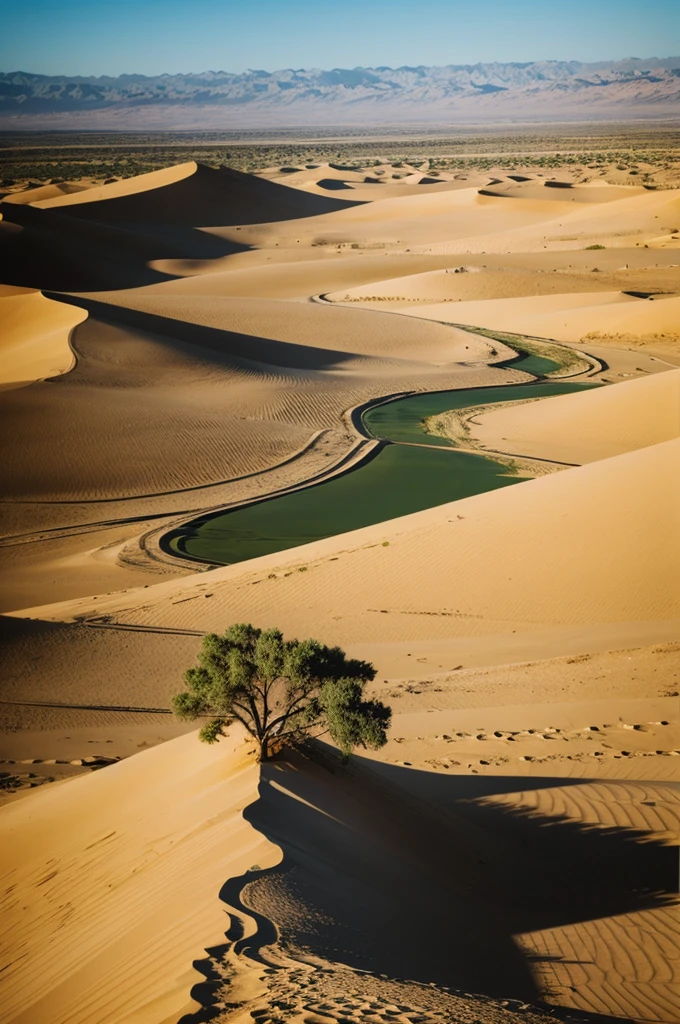 Infront hilarious green desert with half shadow of man