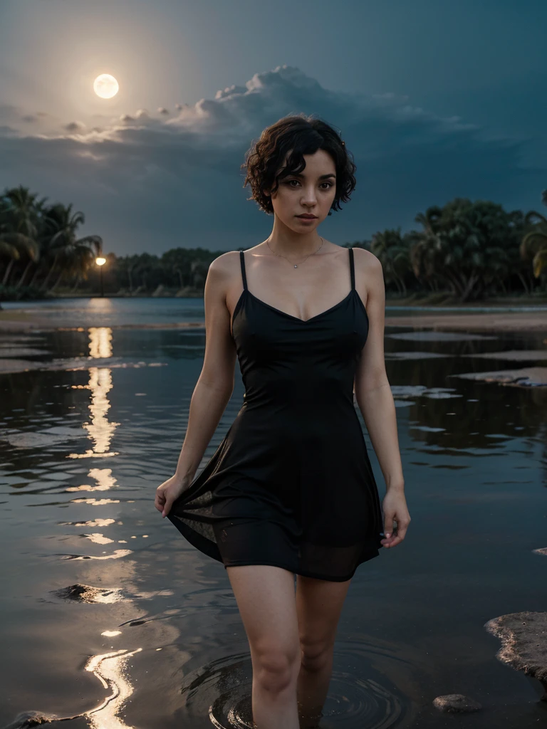 Gothic girl short curly hair, with airy tight dress, walked on the surface of a lagoon during a full moon.