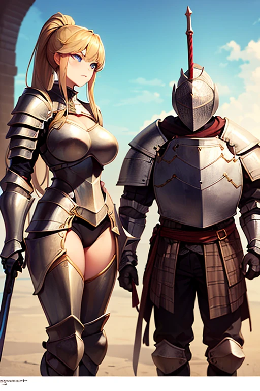 masterpiece, extra limbs, 1lady, 25 years old, gold long high ponytail, gold pubic hair, slant blue eyes, medium pointy breasts large areolas, muscle, serious, standing,have greatsword, (((clothed plate armor knight))),
