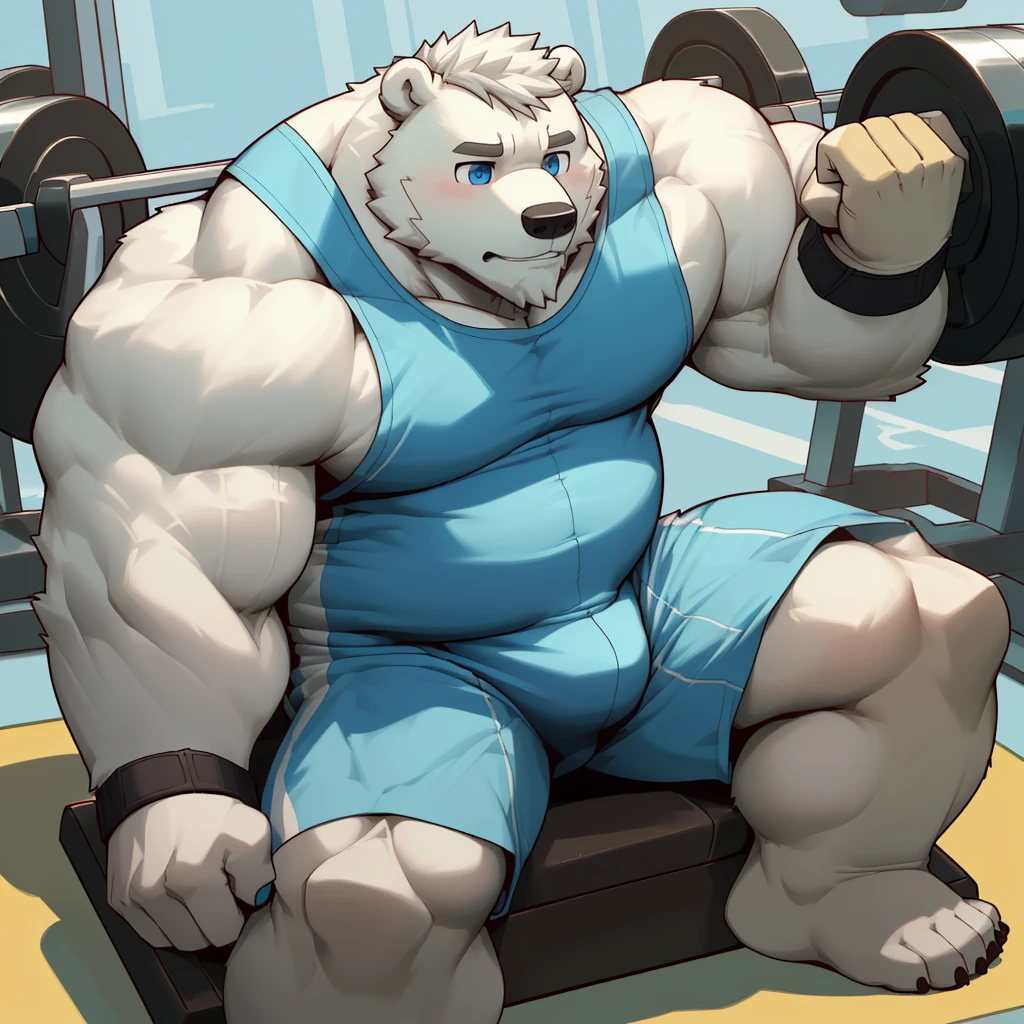 masterpiece, best quality, 8k resolution, Very detailed, hairy，(((polar bear))，(((Mature)))，(((beard))),(((fat)))，(((White hair all over body)))，(((portrait)))，(((White hair)))，(((straining)))，For the audience，(((gym tank top))),(((sitting on the leg presotivating)))，((wristbands)), ((Highest quality scene，(((whole body)))，(((Blue Eyes))),(((Legs apart)))，(((Fat-enclosed muscle)))，(((Round face)))，(((alone)))，(((Strong body)))，(((Hip bulge)))，(((arms exposed))), ((working out)), ((leg pressing))