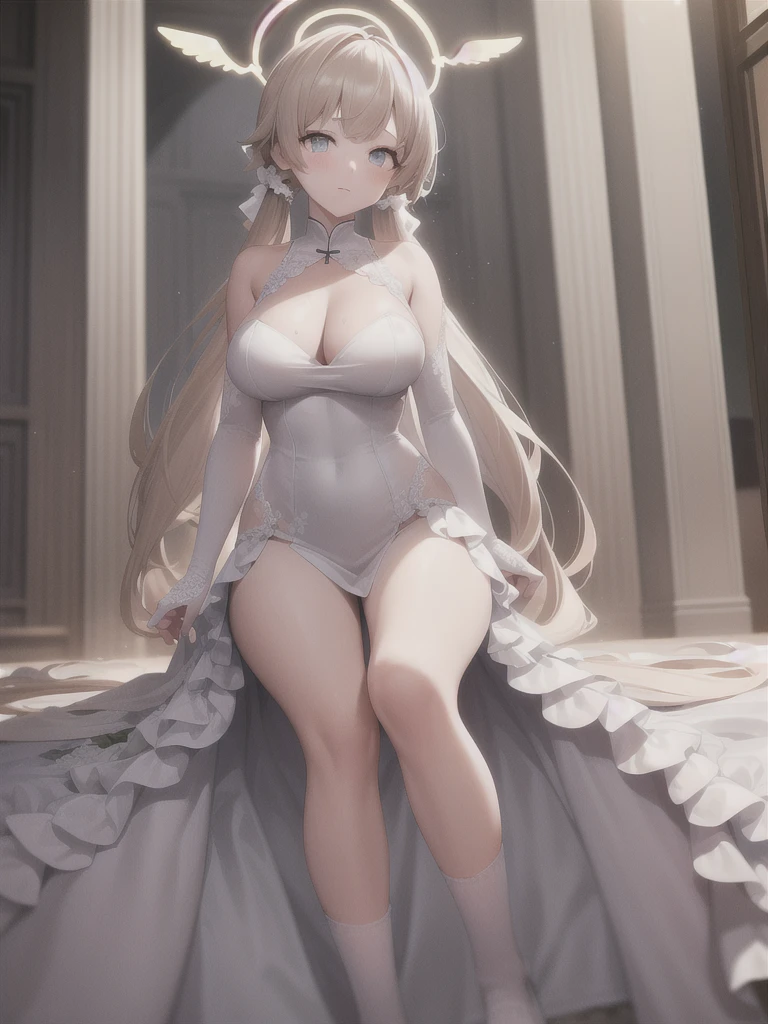 A girl，Long hair, Bangs, s hair, 两眼之间s hair, s eyes:（1.5),  (Large Breasts:1.2), 
rest  锁骨, Wedding dress，veil，wedding，White Dress，Flowers，The skirt is broken，White socks，White knee socks，
Looking at the audience, whole body,
indoors, church，permanent，permanent，
rest (masterpiece:1.2), best quality, high resolution,  8k wallpaper, (illustration:0.8), (美丽细致s eyes:1.6), Extremely detailed face, Perfect lighting, Extremely detailed CG, (Perfect hands, Perfect anatomical structure),