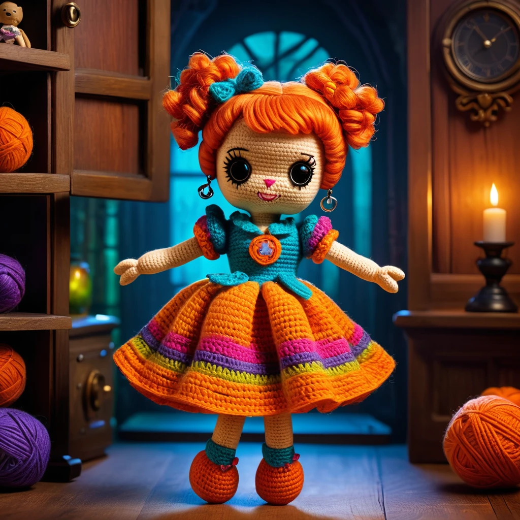 (Voodoo doll crochet toy:1.7), (Voodoo doll in Scooby-Doo setting:1.3), (Clothing: Colorful mystery-solving outfit:1.0), (Accessories: Enchanted Scooby snack that emits a mysterious glow, floating ghost footprints:1.1), (Background: Spooky haunted mansion with hidden doors, creepy portraits and an atmosphere of supernatural mystery:1.2), best quality, masterpiece, detailed soft oil painting, detailed background, dramatic cinematic lighting, soft edge lighting, professional, dramatic lighting, hard edge lighting, ultra quality, 4k,masterpiece, best quality, 8k, ultra highres, highres, extremely detailed